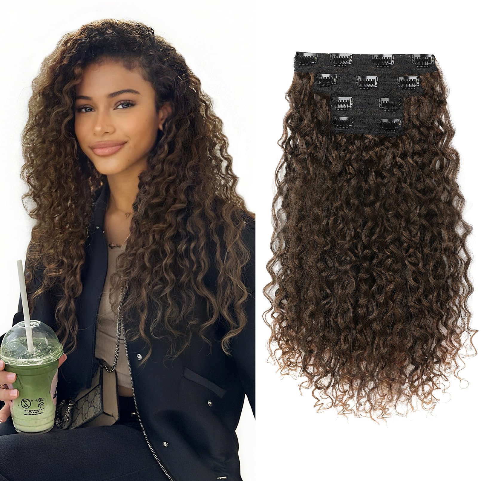 Clip in Hair Extensions, FLUFYMOOZ 4PC 100％ Pure Protein Silk Hair Extensions Long Soft Natural Hairpiece 16 Inch Curly Hair Extension for Women (Dark Almond brown with copper)