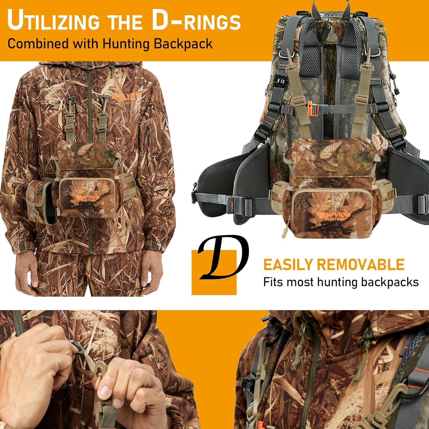 NewView Binocular Harness Chest Pack con tasca rimovibile, cinturino binario regolabile e parapioggia, ideale per caccia, escursioni e birdwatching, Quiet-M, Camo Quiet, m, Taschino