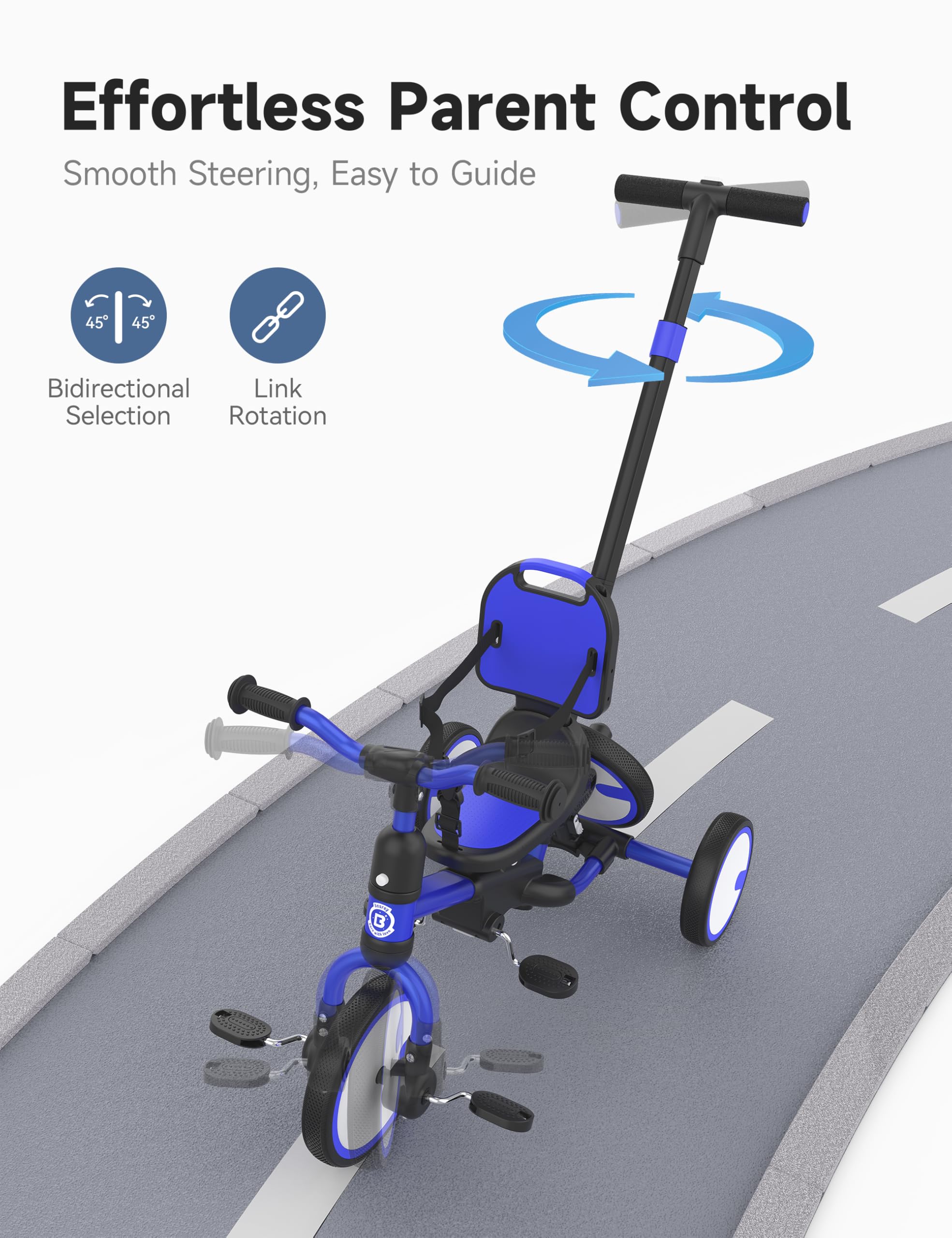 Besrey Triciclo Bambini 5 in 1 – Triciclo Evolutivo con Maniglione e Ruota di Scorta, Bici Senza Pedali per Bambini da 18 Mesi Dotato di Schienale e Cintura, Regalo Compleanno per Bambini (Blu scuro)