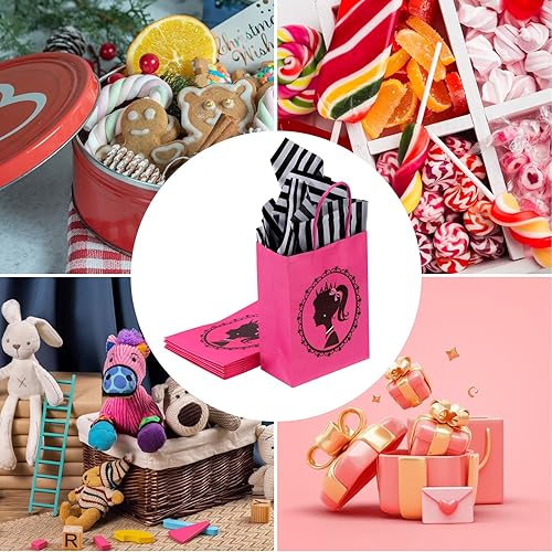Miniatura 4 de 12 bolsas de regalo de princesa con papel de seda a rayas, color rosa intenso con asas, lindas bolsas de regalo para niñas para fiestas temáticas de