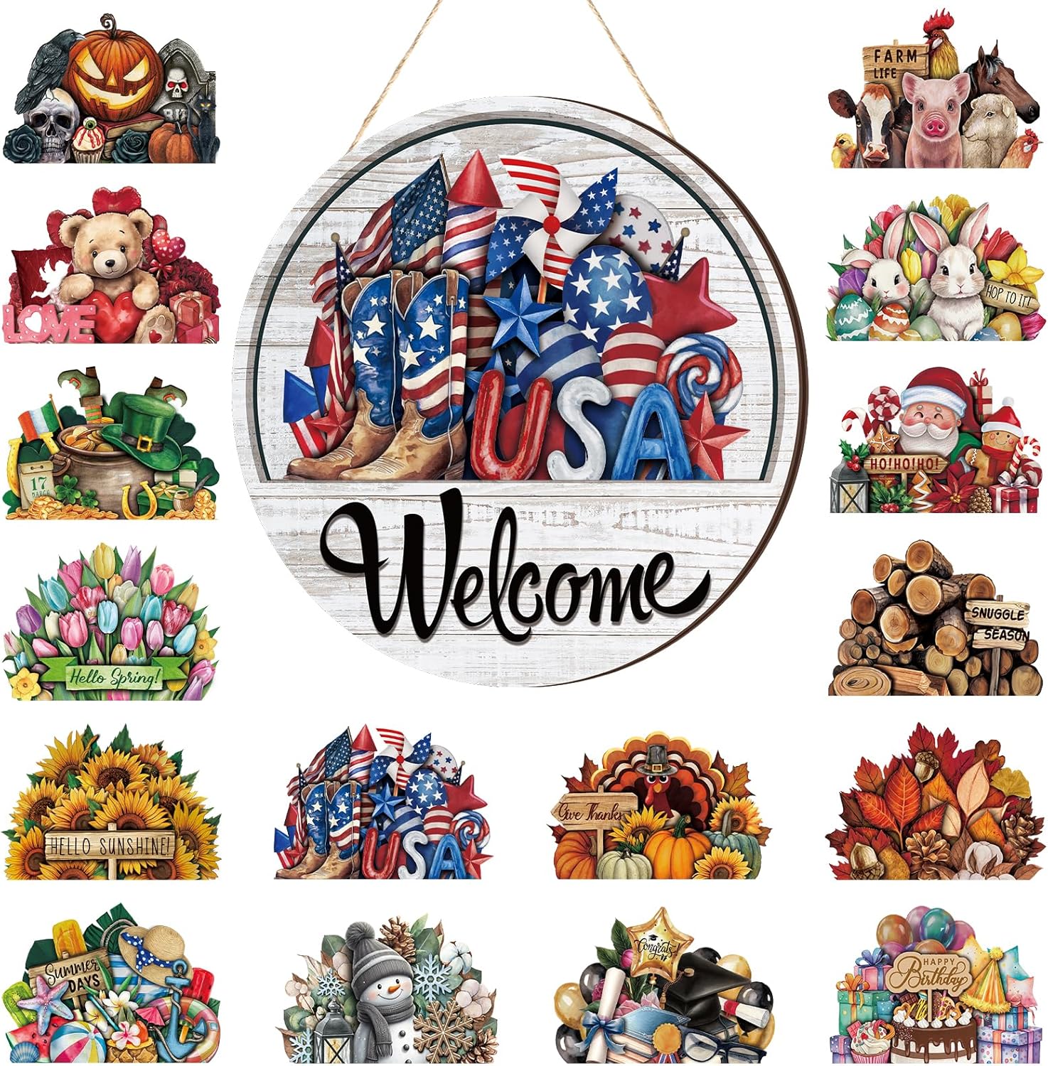 Yousoontic 17 Pcs 12 Inch Magnetic Welcome Door Sign Interchangeable Front Door Decor Rustic Fall Seasonal Hanging Sign Patriotic Halloween Decor for Home Warming Gift(Classic Color,Welcome) Classic Color Welcome