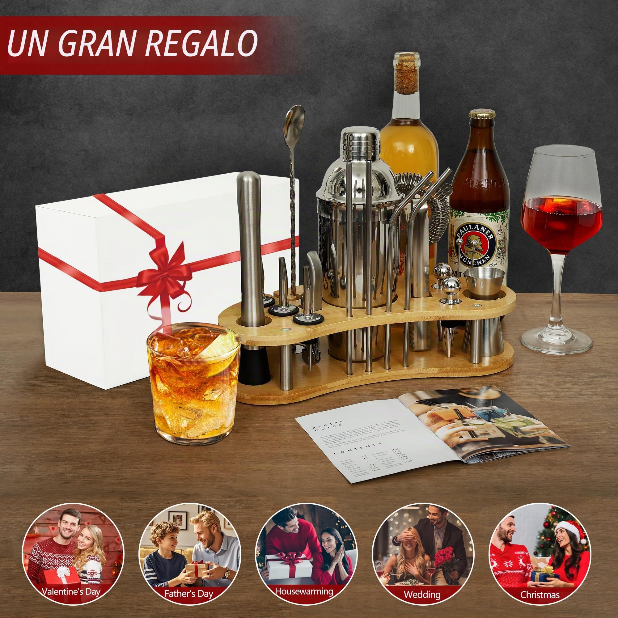 19 Piezas Coctelera, 750 Ml Coctelera Profesional de Acero Inoxidable Soporte Madera y Libro de Recetas De CóCteles, Cocktail Shaker, Regalo para Hombres y Mujeres (Bar en Casa, Fiesta, Boda)