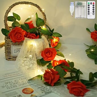 Rose Vine Lights with Remote, Battery or USB Operated Artificial Flower Garland, Hanging Fairy Lights for Bedroom Headboard, Valentines Day, Wedding, Romantic Party Decor Red, 9.9