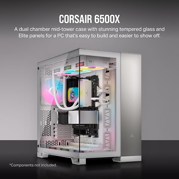 CORSAIR 6500X Mid-Tower ATX Dual Chamber PC Case – Panoramic Tempered Glass – Reverse Connection Motherboard Compatible – No Fans Included – White/Satin Gray Aluminium