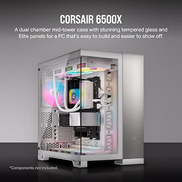 CORSAIR 6500X Mid-Tower ATX Dual Chamber PC Case – Panoramic Tempered Glass – Reverse Connection Motherboard Compatible – No Fans Included – White/Satin Gray Aluminium