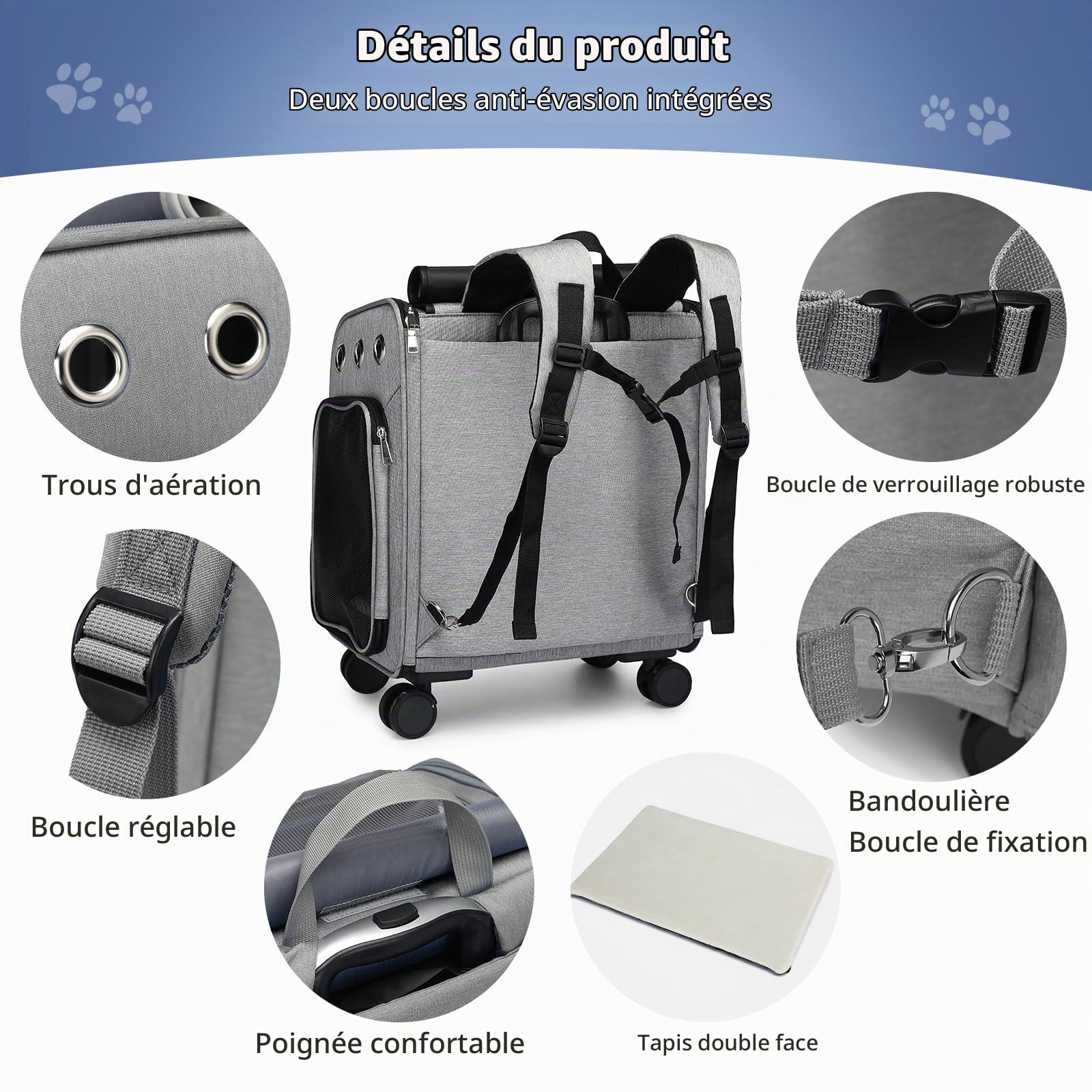 PETCUTE Sac à Dos de Transport pour Chat avec Roues,Respirant Sac à roulettes pour Chat Chien 11 kg,Pliable Sac de Transport Chats avec Poches Rangement,Tapis Amovible,Poussettes pour Chat/Chiens
