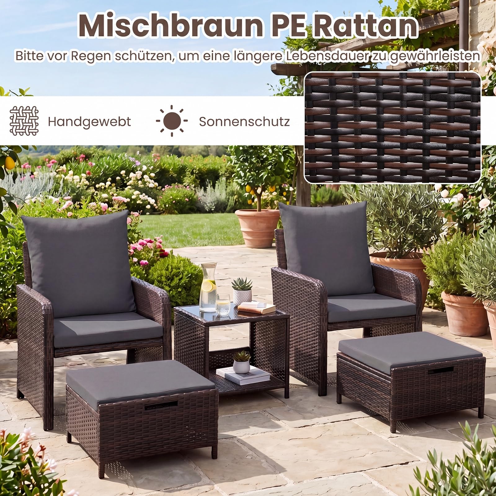 COSTWAY 5-teiliges Balkonmöbel Set, Gartenmöbel aus PE-Polyrattan (Grau)