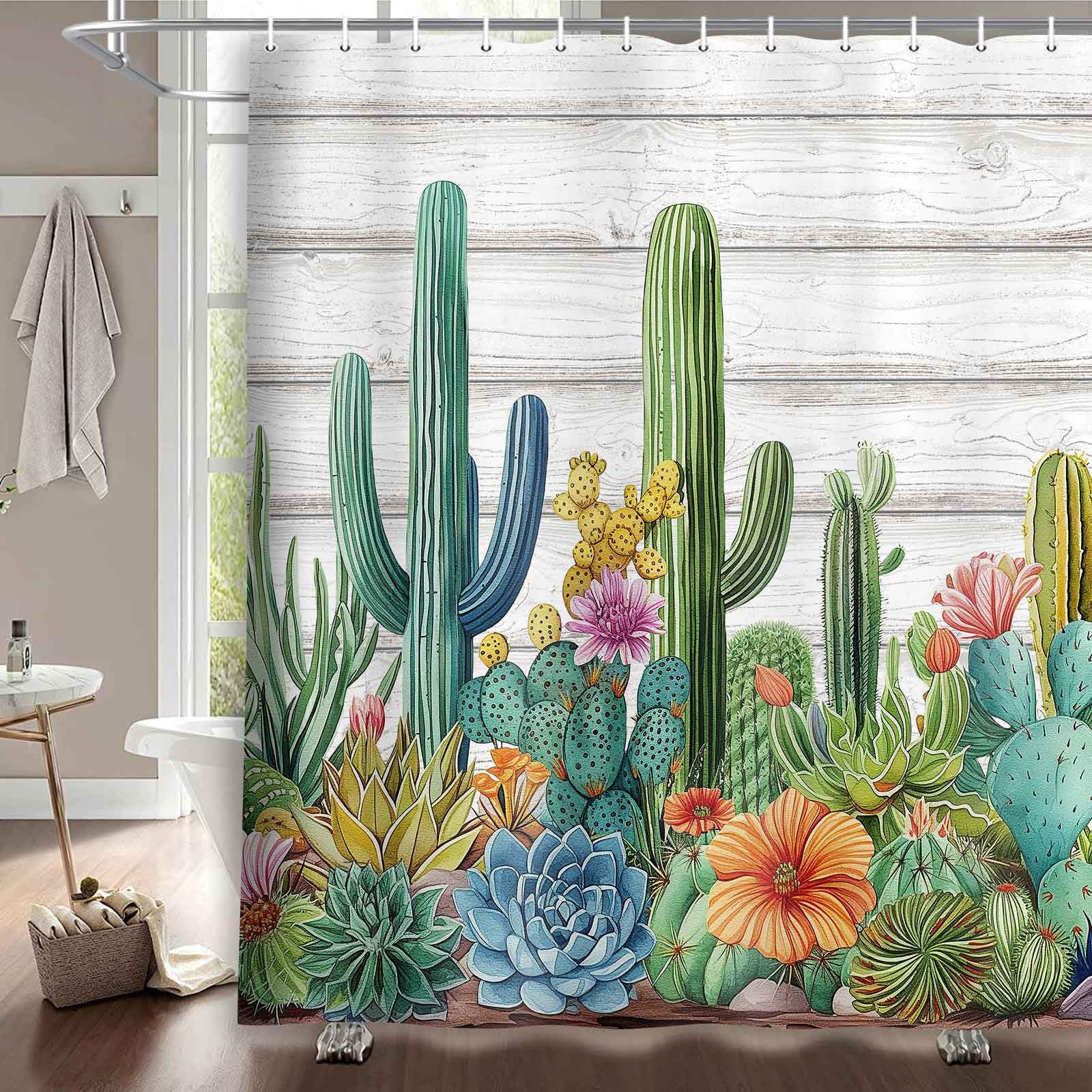 Duschvorhang Mit Haken – Kaktus Design Auf Rosa | Wasserdicht, 180x180 Cm | Badezimmer Dekor Mit Wüsten-Feeling
