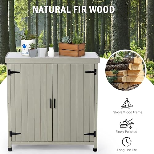 Miniatura 4 de Banco para macetas al aire libre con parte superior de trabajo de metal, gabinete de almacenamiento de jardín impermeable, estación de herramientas