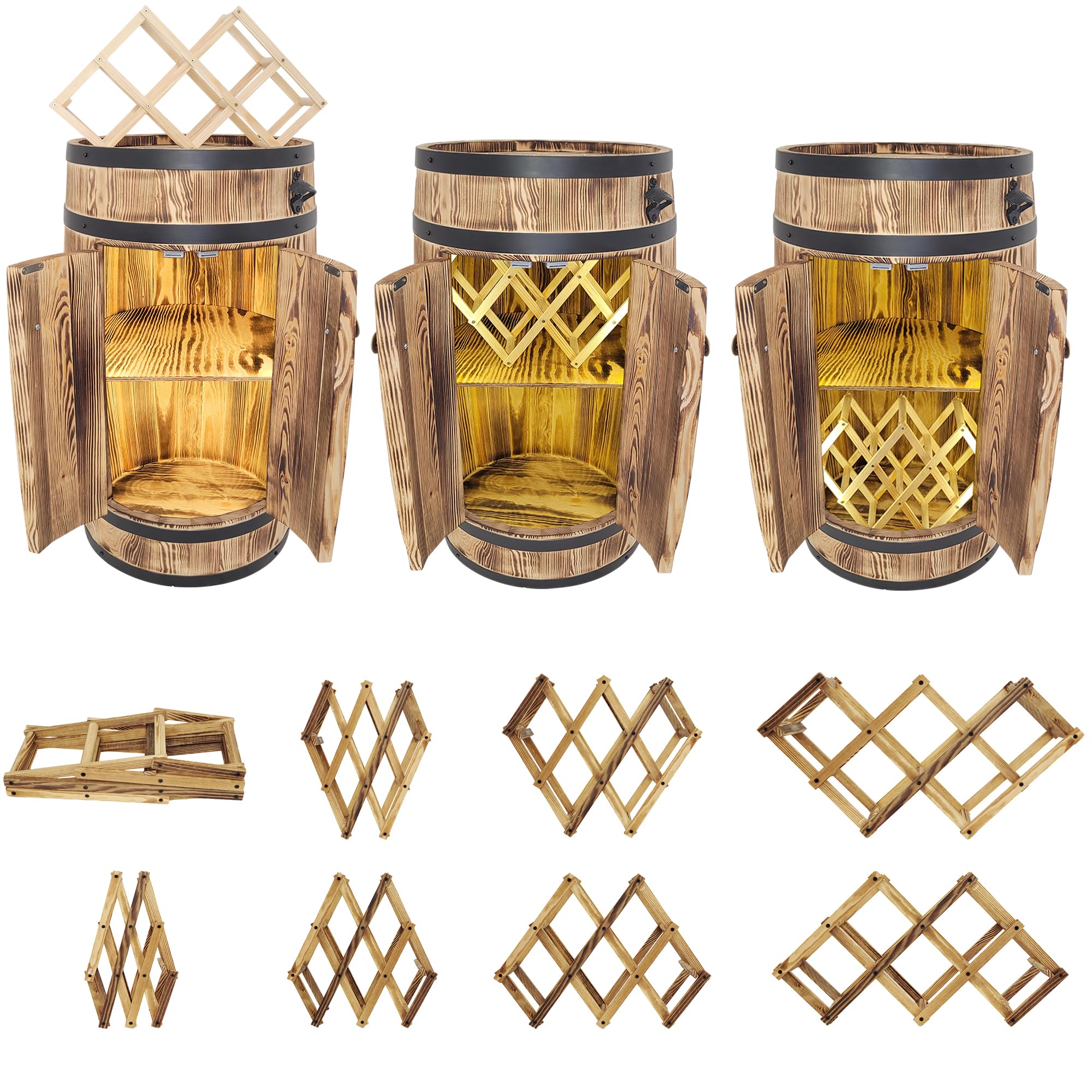 weeco Barril de madera con puertas, bar con iluminación LED, funciona con pilas, soporte para botellas de vino plegable, armario rústico para botellas de alcohol, 80 x 50 x 44 cm