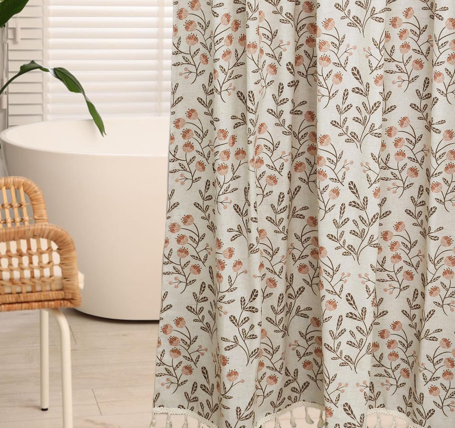 Boho Floral Shower Curtain - 72x72 Inches, Linen Blend Fabric, Breathable & Washable, for Bathroom Decor (Hooks/Liner Not Included)