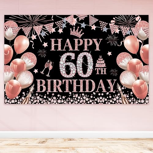 Fondo de cumpleaños número 60, decoración de fondo de cumpleaños de oro rosa 60 para mujer, 5.9 x 3.6 pies, fabuloso cartel de cumpleaños,