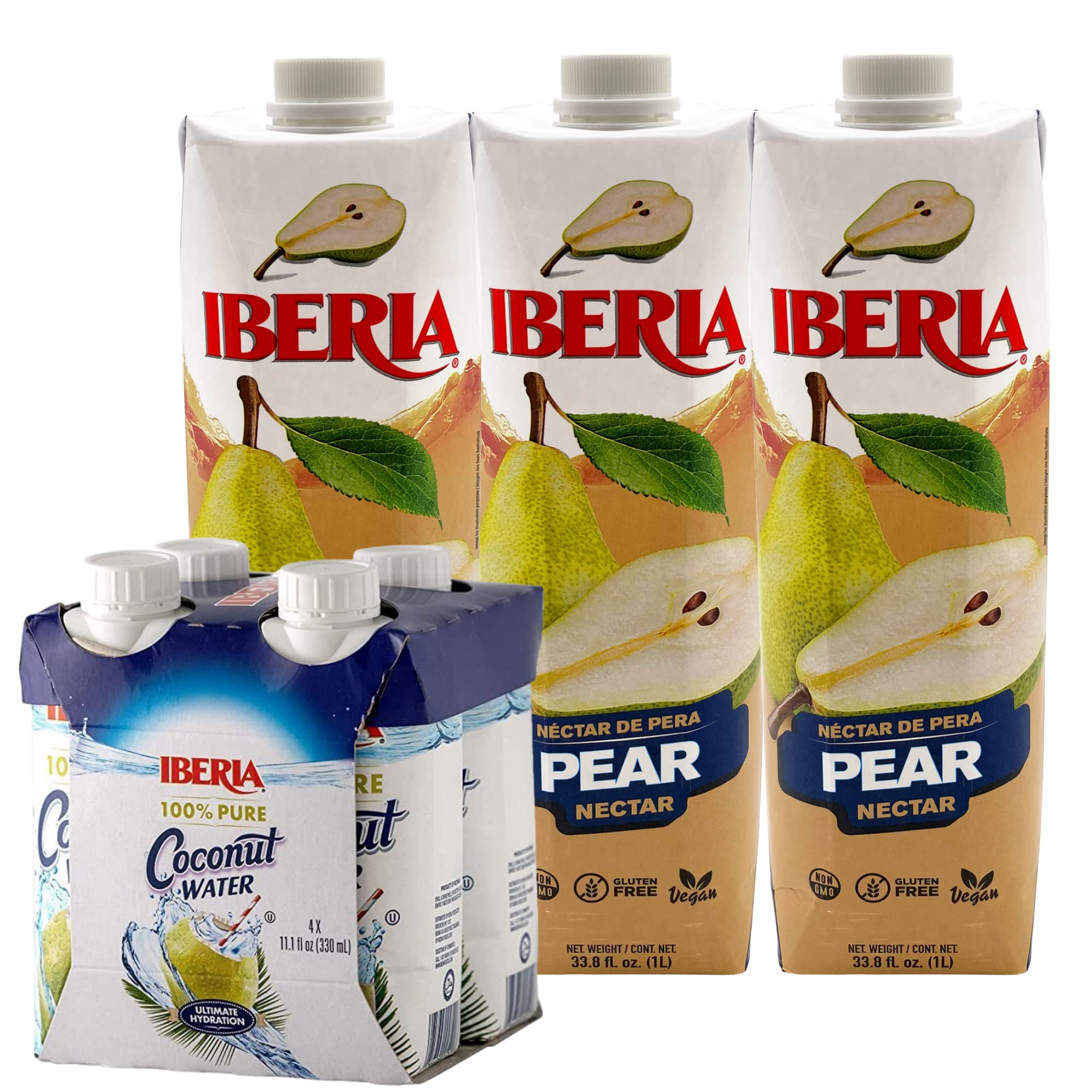 Iberia100% Natural Coconut Water 11.1 Oz (Pack Of 4)+ Iberia Pear Nectar, 33.8 Fl Oz, Pack of 3