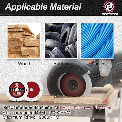 Miniatura 5 de FOCSTOL Disco de Corte de Madera en Carburo - 3 piezas 3' (75mm) Hoja de Sierra Soldada al Vacío para Madera, Goma y Plástico para Amoladora