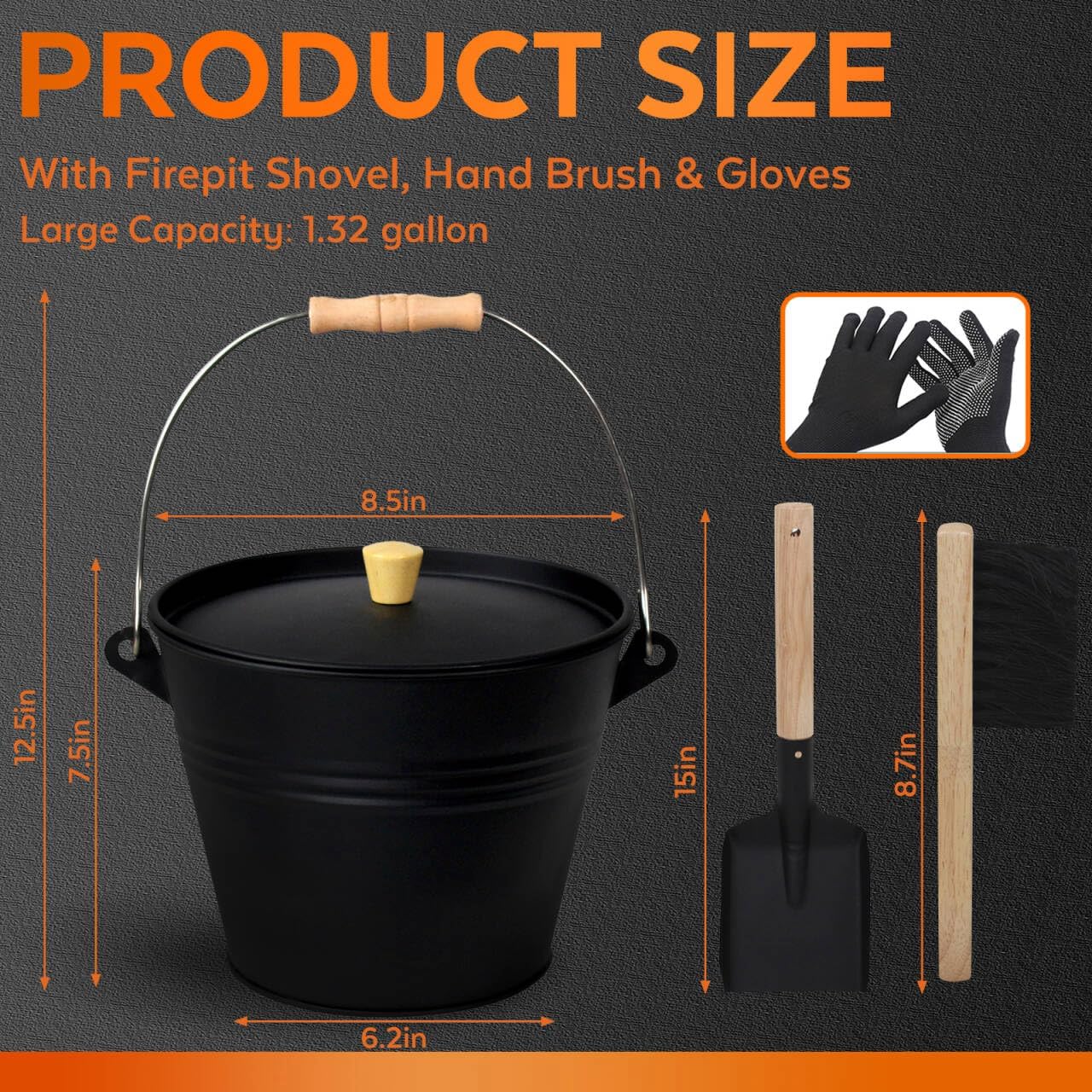 Small Ash Bucket with Lid and Shovel, Metal Fireplace Ash Bucket with Broom, Complete Fireplace Tools Set for Wood Stove and Fireplace, Black 1.3 Gallon