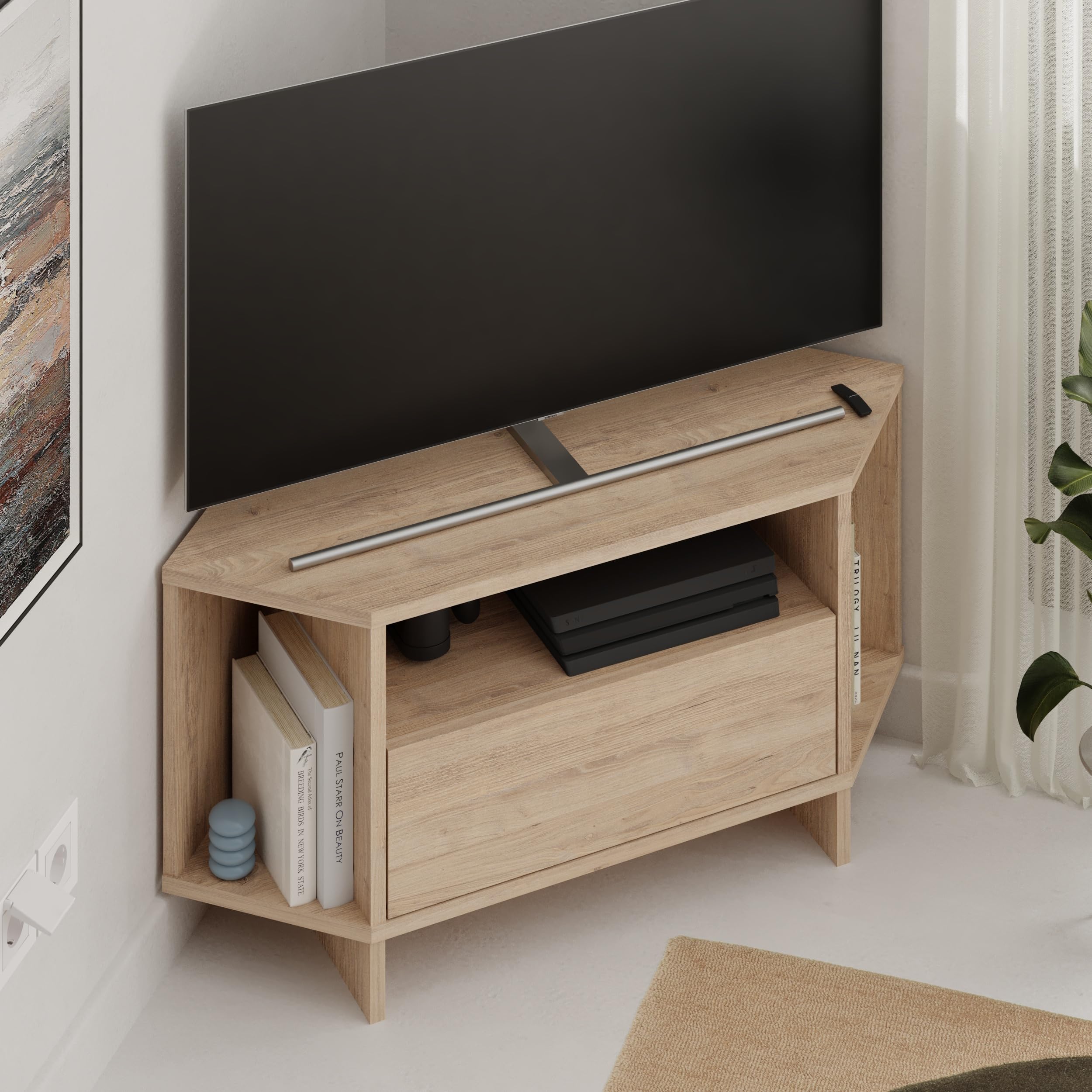 HOCUS PICUS Modern Corner TV Unit up to 42 Inch TVs, Push to Open Door TV Storage Cabinet and 3 Open Shelves, 95.7(H) cm TV Table for Living Room, Bedroom (Oak)