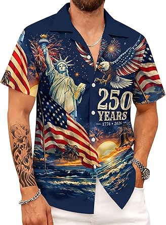 Mens Hawaiian Shirt Americas Anniversary 250th 1776-2026 Patriotic Independence Day Short Sleeve Button Down