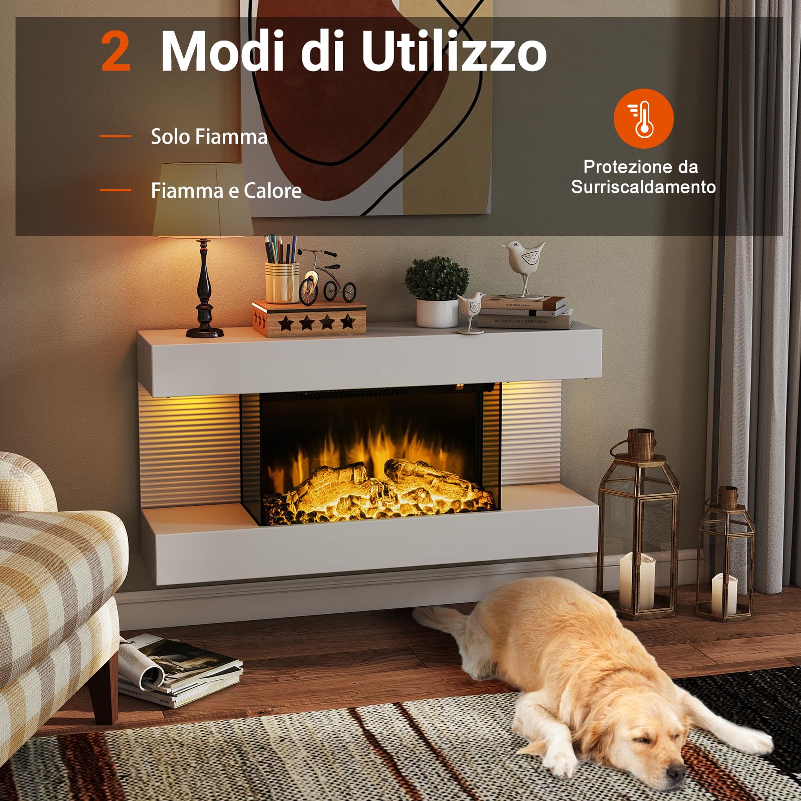 COSTWAY Camino Elettrico, 750W/1500W Caminetto con Luci LED, Telecomando, 12 Colori di Fiamma, Timer 8H Mensola Galleggiante e Protezione Surriscaldamento