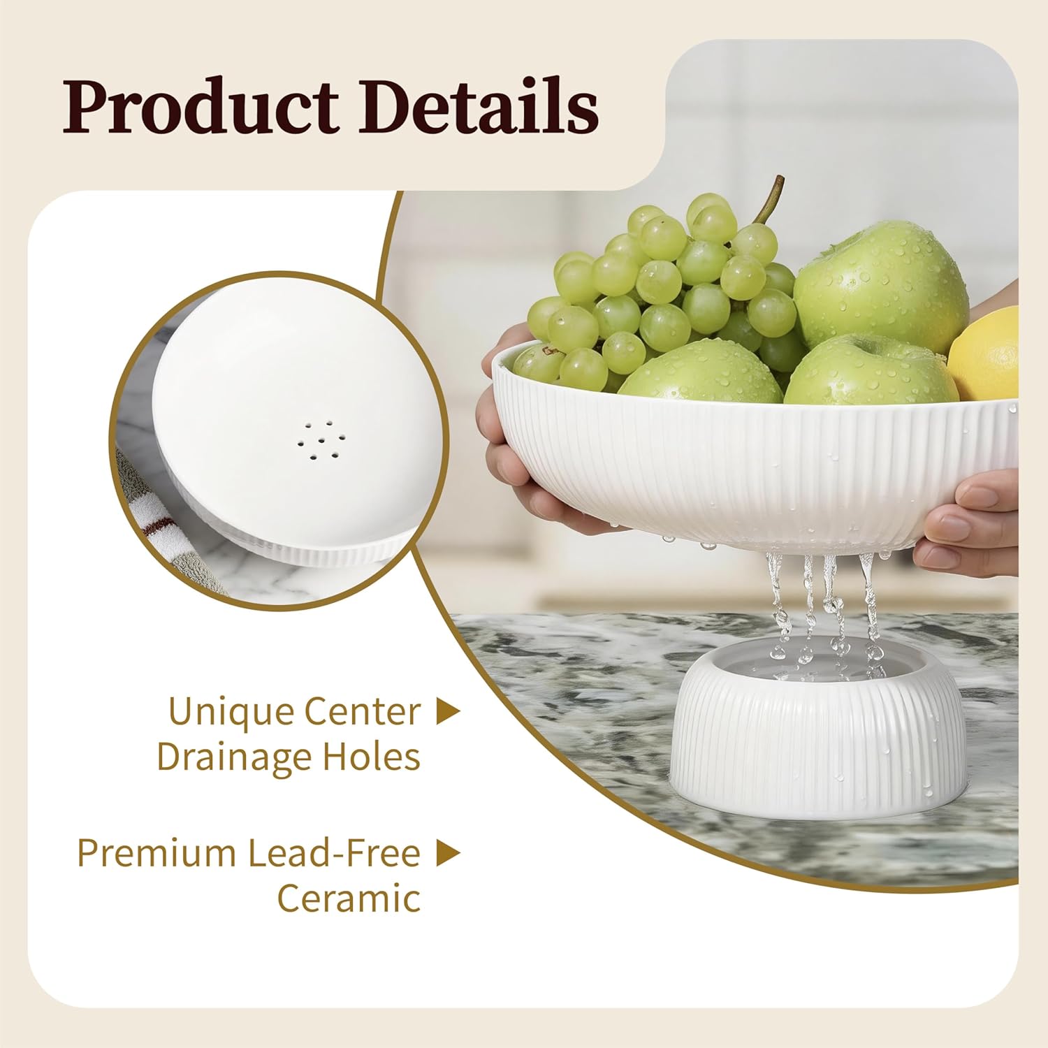 10 Inch Modern Ceramic Fruit Bowl with Removable Draining Base and Pedestal Stand for Kitchen, Dining Table, and Counter Decor (White Stripe)