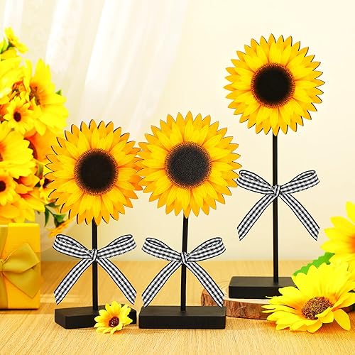 Miniatura 7 de Geetery 3 letreros de mesa de madera de girasol de verano, decoración de mesa de girasol, centros de mesa de madera para mesas, bandeja de madera