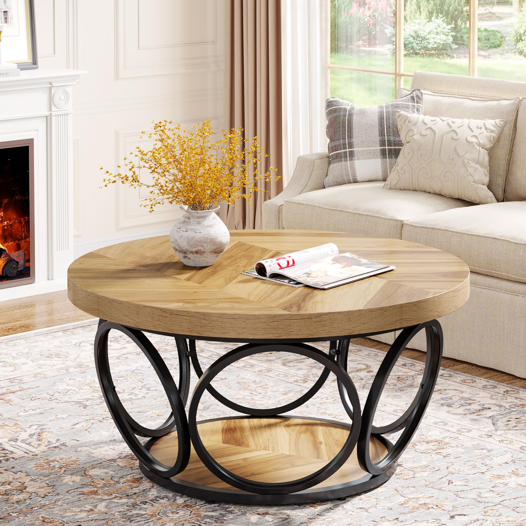 Tribesigns Runder Couchtisch, 80 cm Holztisch mit 2-Ebenen Lagerung, Bauernhaus Große Runde wohnzimmertisch, Moderne Einfache Braune Teetisch (Holzmaserung)