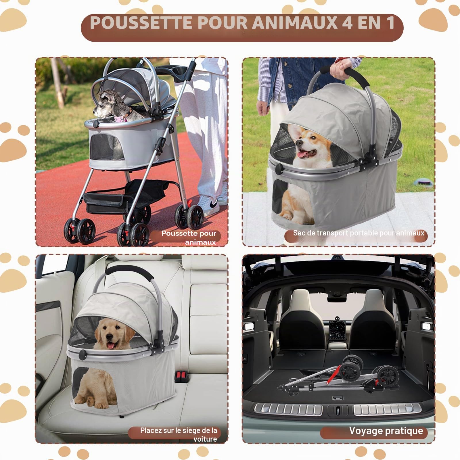 Poussette pour Chien 3-en-1, Poussette pour Chien Pliable Petits Chiens et Chats jusqu'à 20 kg, Roues Résistant à l'Usure à 360°, Animaux Sac de Transport Pliable (Gery)
