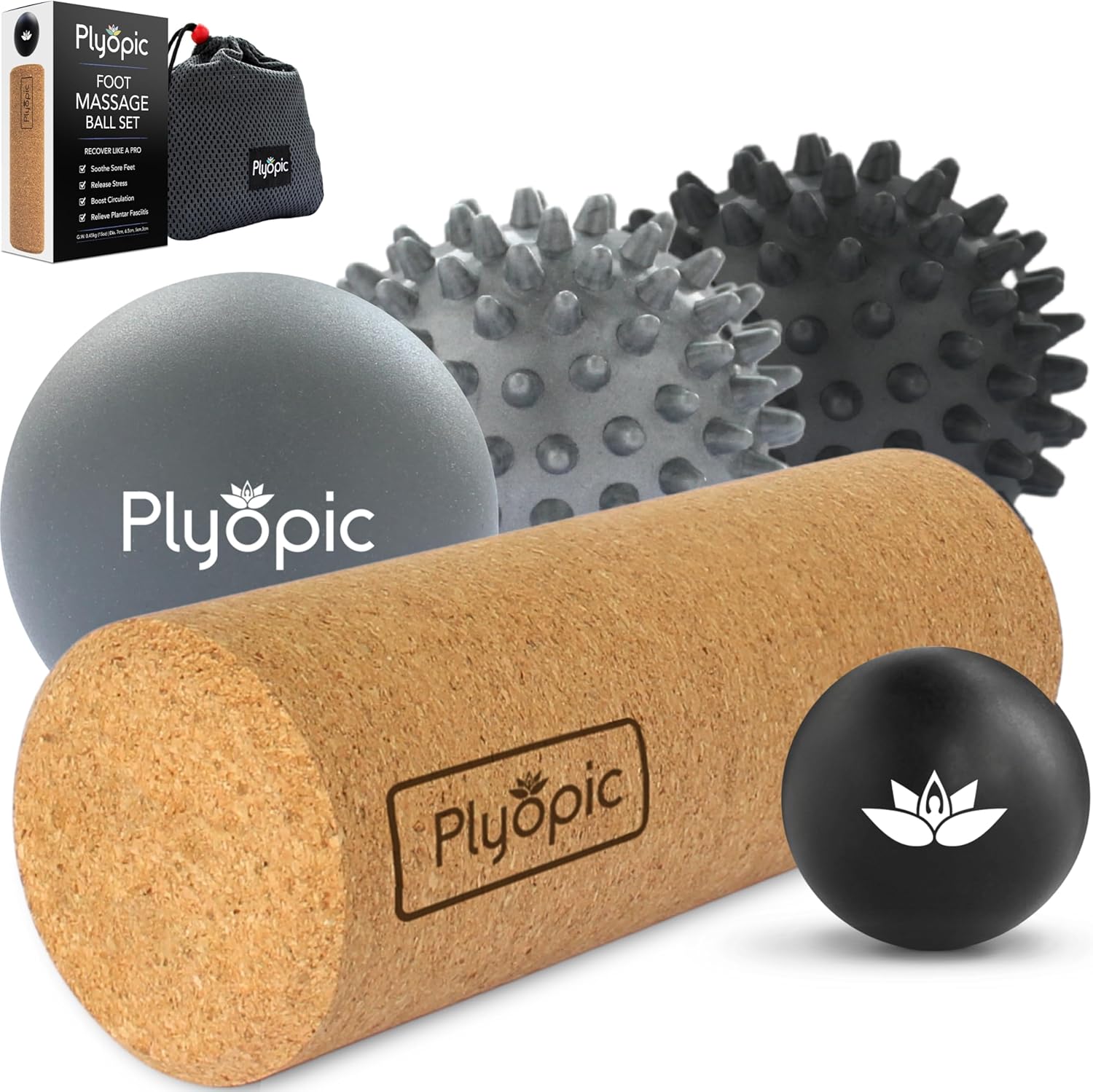 Juego de bolas de masaje  Kit completo de 5 piezas Spiky, Lacrosse y mini bolas de precisión + rodillo  Fascitis plantar, arco del pie y alivio del