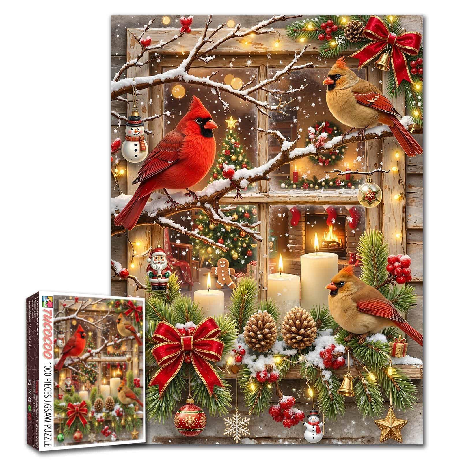 Winter Birds Puzzle Christmas Window Jigsaw for Adults 1000 Pieces Candles DIY Puzzles for Family Activity Games Snowy Decorations Puzzle Gift 19.7 x 27.6 Inch — image 1