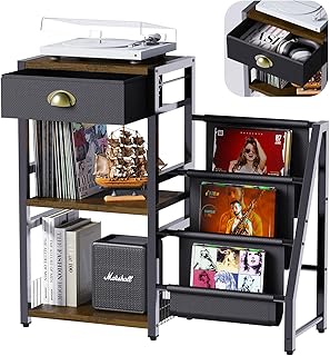 Record Player Stand, Runjuly 3-Tier Record Player Stand with Vinyl Storage, Turntable Stand with Drawer, Record Player Table Up to 200 Albums, Vinyl Record Stand, Vinyl Record Storage Cabinet for