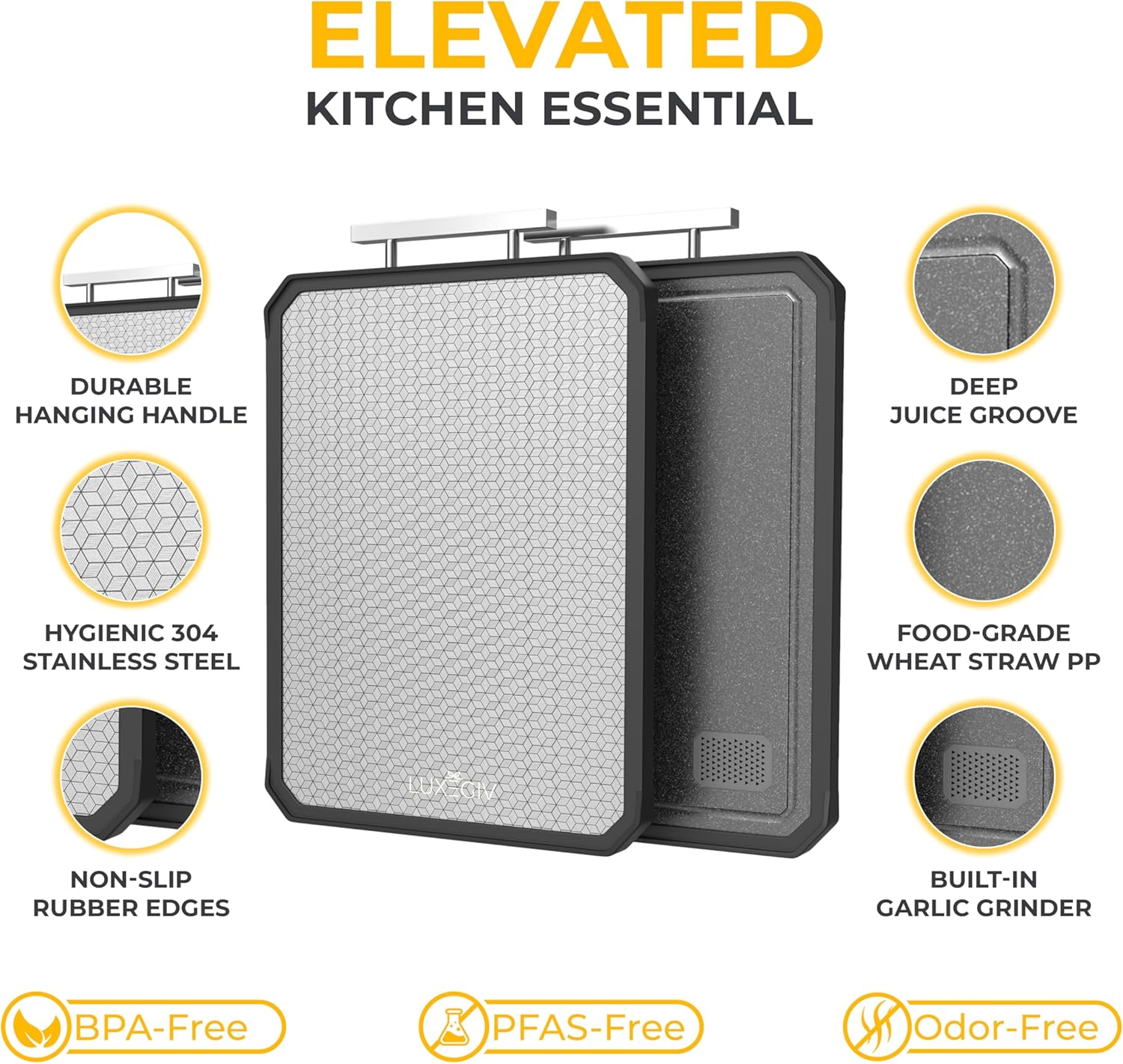 Stainless Steel Double Sided Chopping Board with Wheat Straw PP - Gift-Ready Packaging - All-Purpose Large Stainless Cutting Board - Hygienic Non-Porous 304 Stainless Steel Surface - Mesh - Image 3