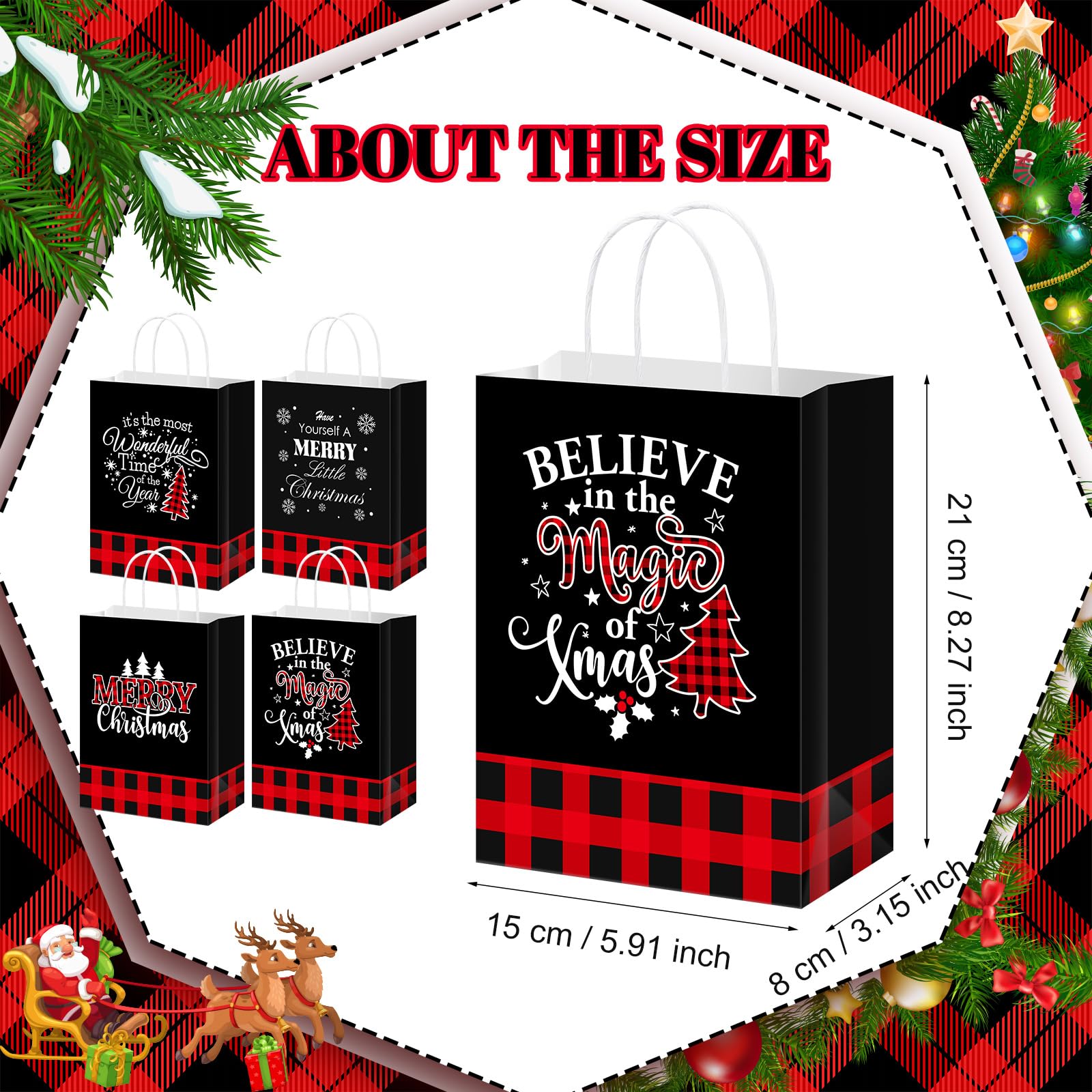 Qilery 100 bolsas de regalo de papel a cuadros de búfalo de Navidad, bolsas de dulces de Navidad con asa, bolsas de regalo de fiesta a cuadros para regalos de Navidad, envolver suministros de fiesta