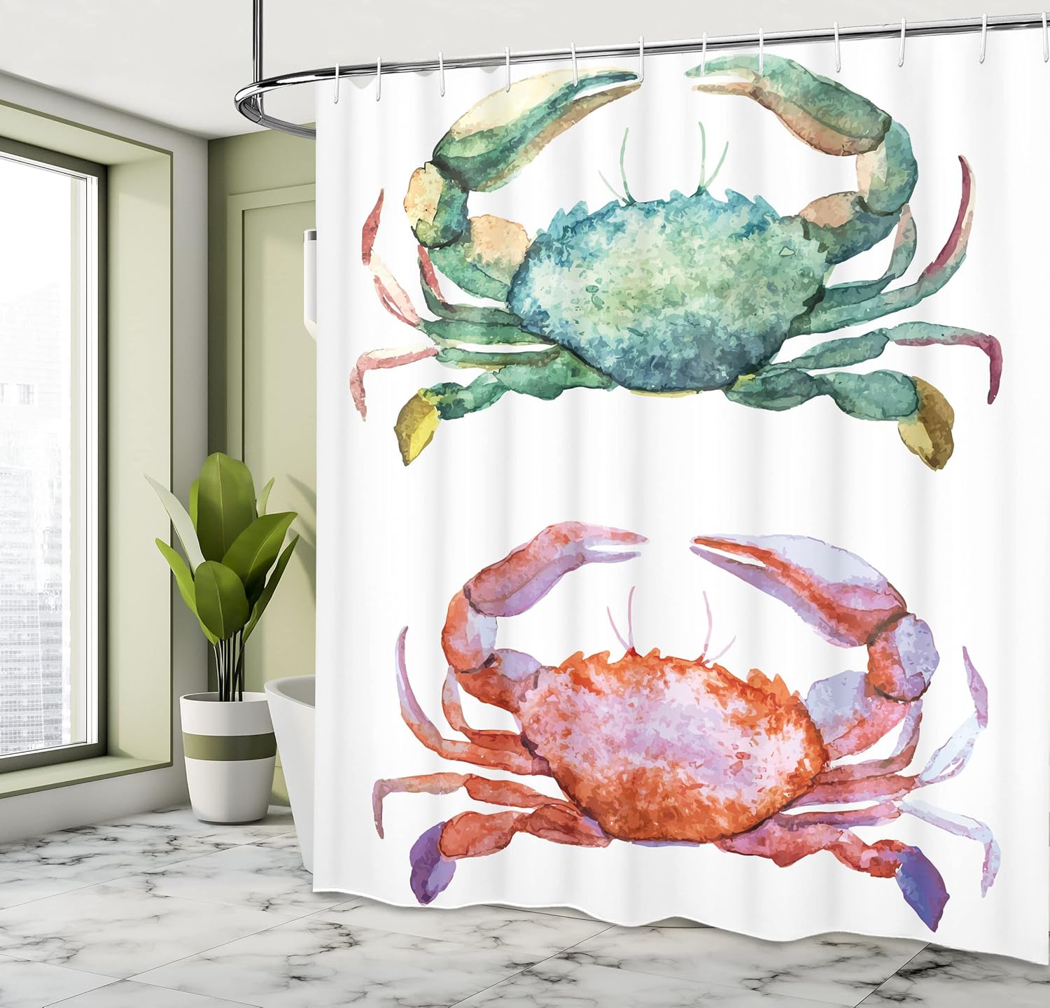 Ambesonne Crabs Shower Curtain, Watercolor Style Effect Sea Animal Theme Pattern Illustration of Crabs Art Print, Cloth Fabric Bathroom Decor Set with Hooks, 69" W x 70" L, Orange Teal