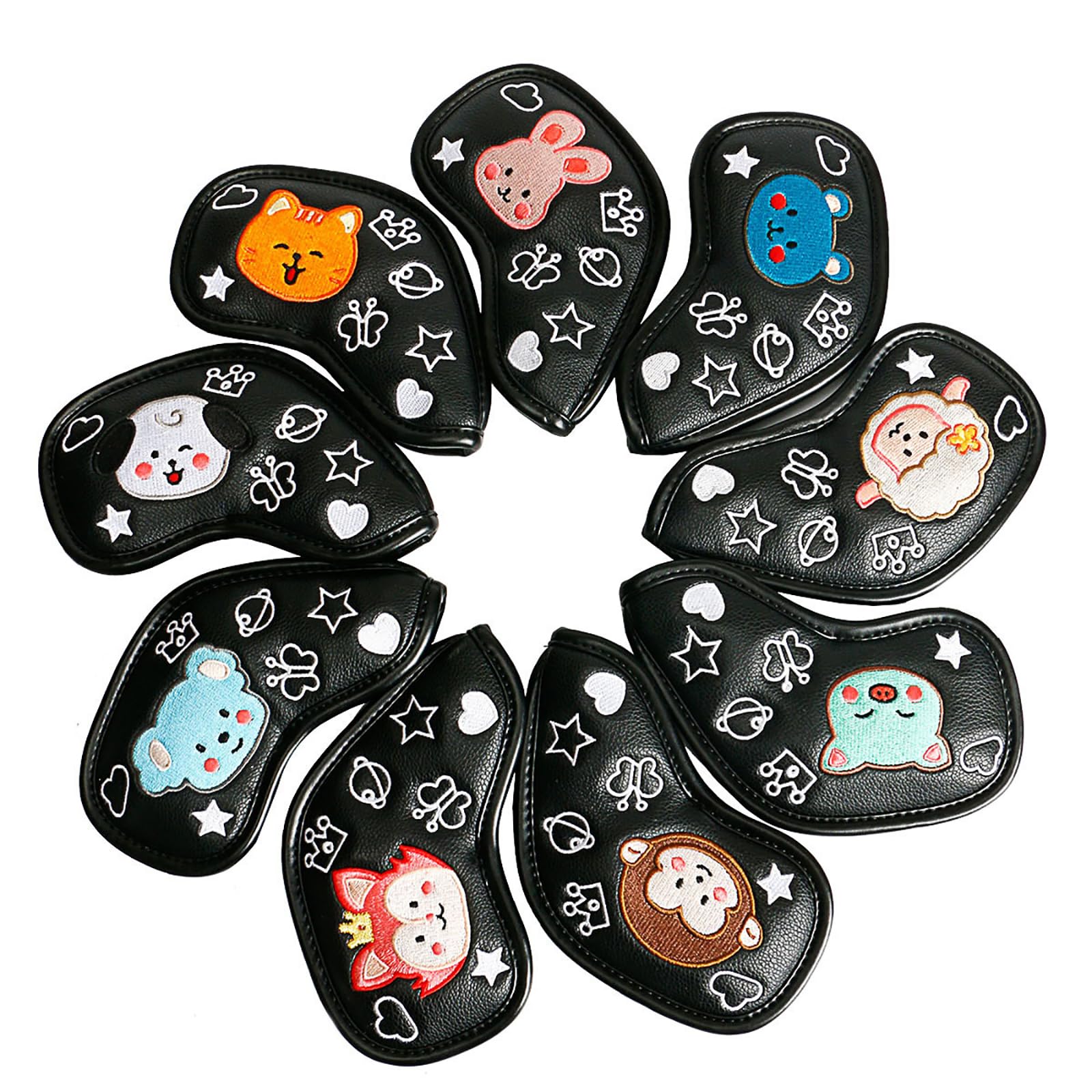9 Teile/Satz Leder Golf Club Eisen Headcovers Keil Abdeckung Cartoon Muster Leichte wasserdichte Tragbare Kopfschutz,Black
