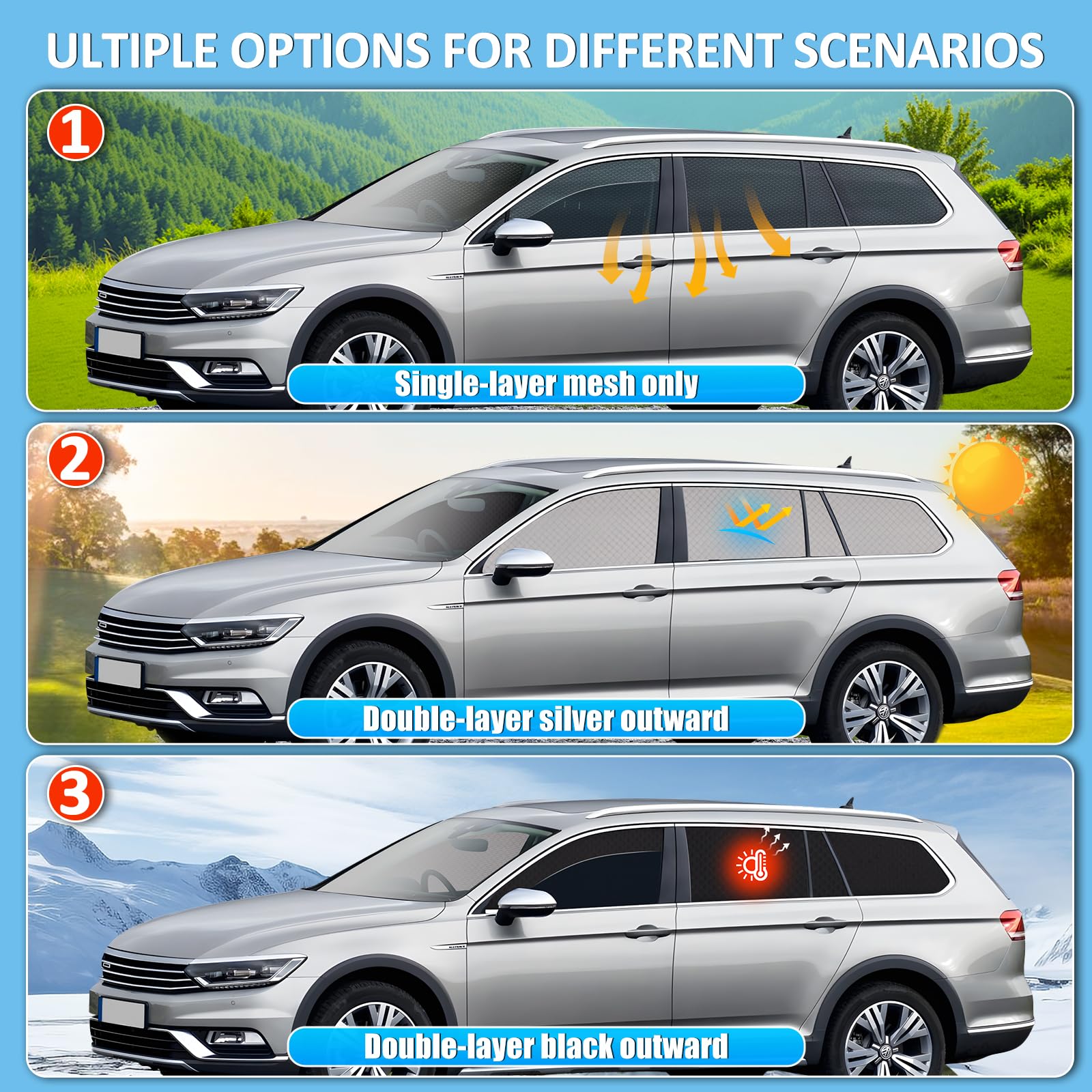 Parasol Coche para VW Passat B8 Variant 2016-2022 Ventanas Lateral 6 Piezas | XCBYT, 2 en 1: Parasol y Mosquitera para Coche, Magnética, Privacidad y Ventilación para Camping y Dormir en Coche, Anti UV