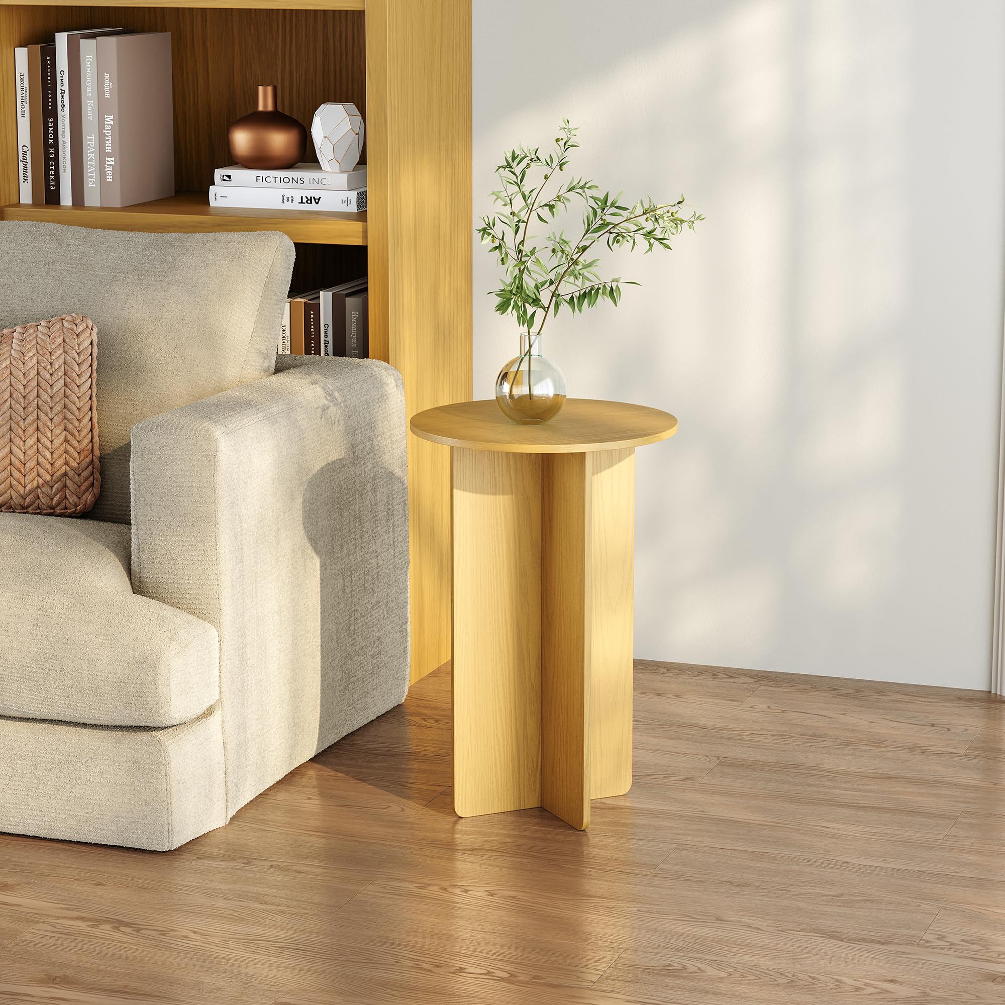 [en.casa] Table d’appoint avec Plateau Rond Petite Table Basse Bout de Canapé Guéridon Design Intemporel Salon Chambre Bureau Entrée Panneau de Particules 60 x 40 cm Effet Chêne
