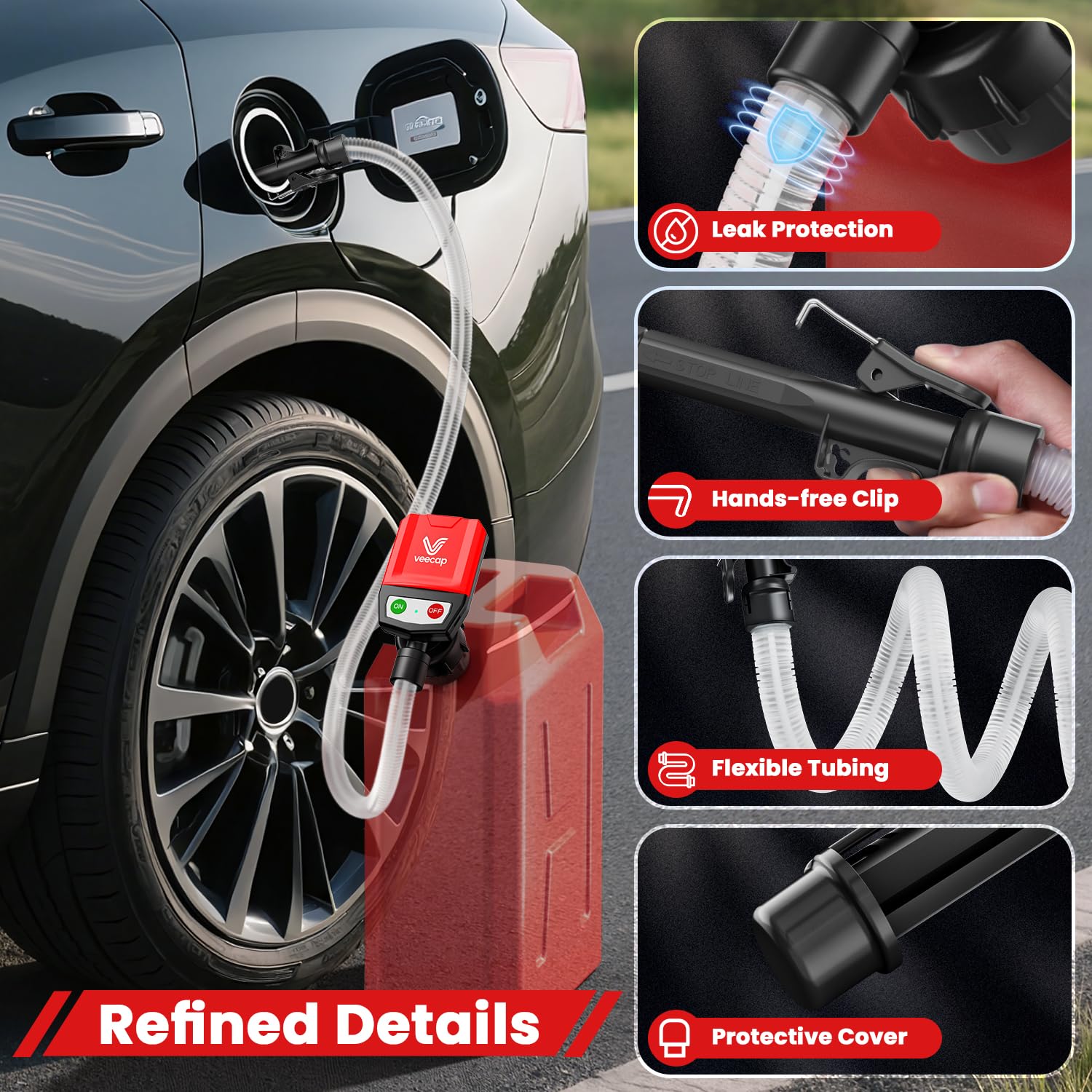 VEECAP Automatic Electric Fuel Transfer Pump with Auto-Stop, 3.8GPM & 51" Hose & 4 Size Adapters Gas Can Pump with Leak Protection for Gasoline, Diesel, Kerosene, Gifts for Men Dad Him - 2nd Gen Black