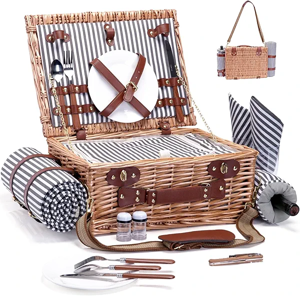 Picnic Basket with Blanket and Wine Pouch for 2 Wicker Picnic Set with Insulated Liner Cooler Bag Hamper for Camping,Wedding - Stripes