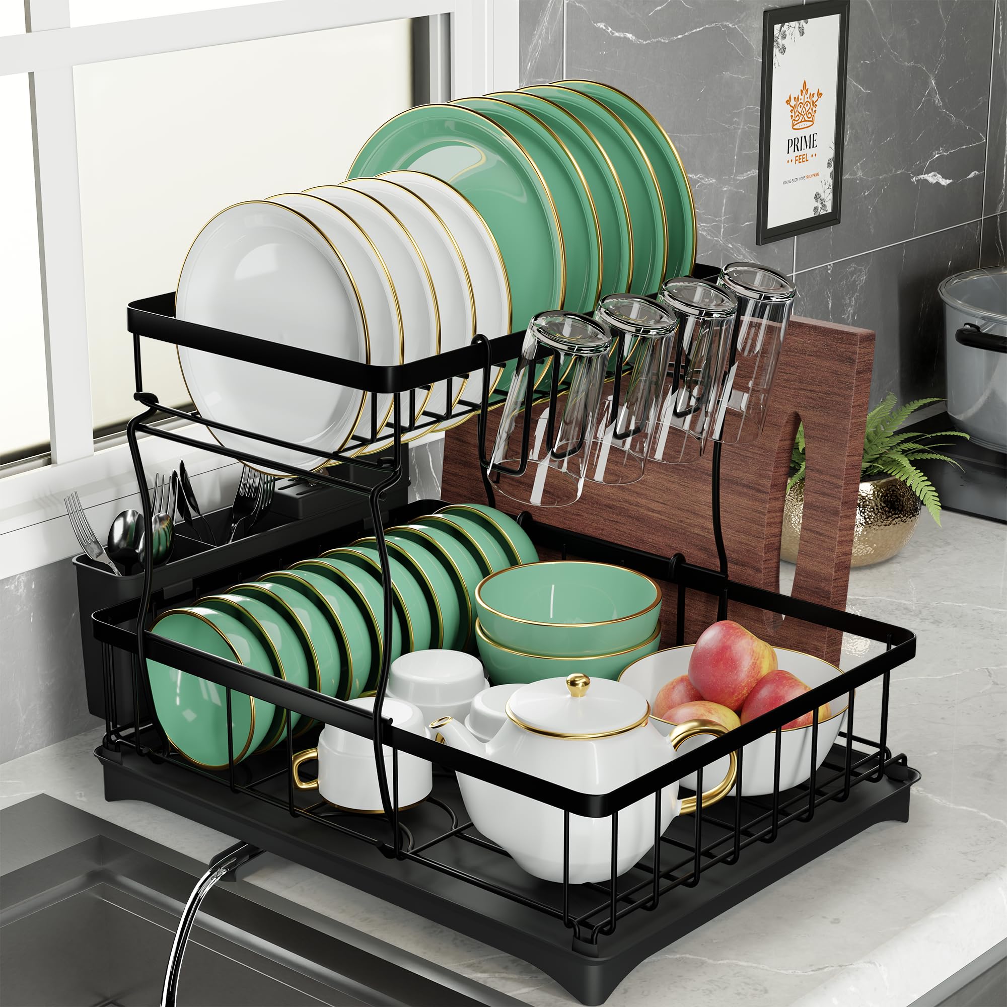 Prime Feel Black 2 Tier Dish Drainer Rack, Rustproof Dish Drying Rack For Kitchen Countertop, Draining Board Rack With Drip Tray, Cutlery Drainer, Glass Holder & Chopping Board Rack, (Black)