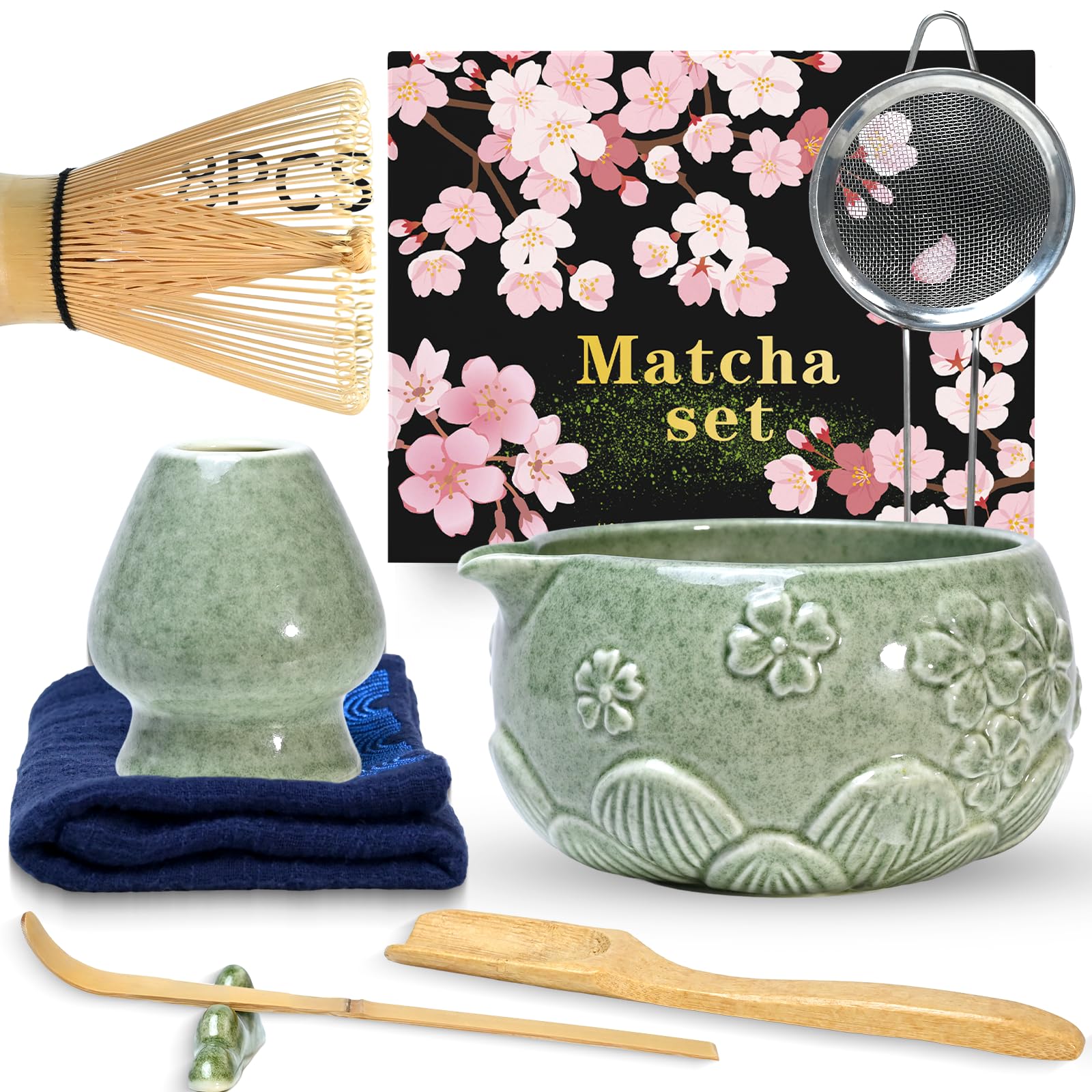 Set di ciotole in ceramica per matcha, 8 pezzi, Frullino Matcha, Ciotola Matcha con beccuccio, Filtro, Supporto e Cucchiaio, Set per Cerimonia del Tè Artigianale, Verde