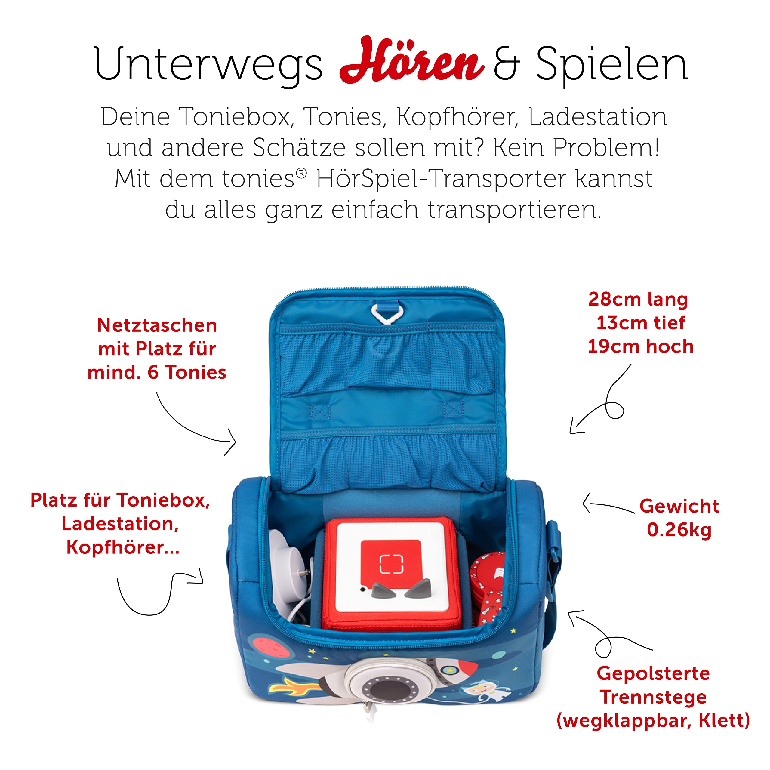 tonies HörSpiel-Transporter Durch Die Galaxie, Transporttasche für Mind. 6 Hörfiguren und Toniebox, mit Lautsprecheröffnung, 28 x 13 x 19 cm