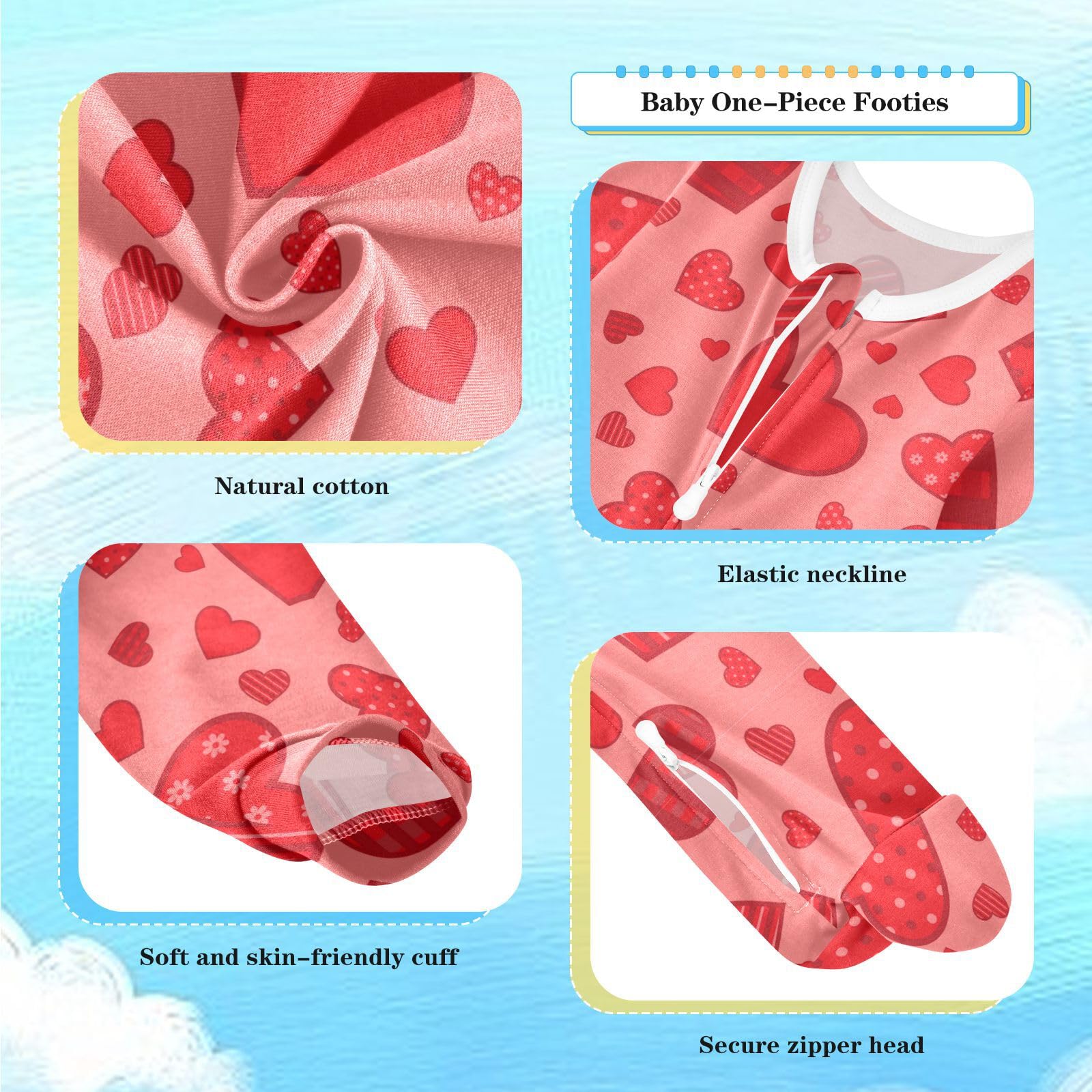 Hearts Flowers Lines Plaid Dots Baby One-Piece Footies Newborn Rompers Pajamas Cotton Footed Pjs for Sleep Play Boys Girls 3 Month