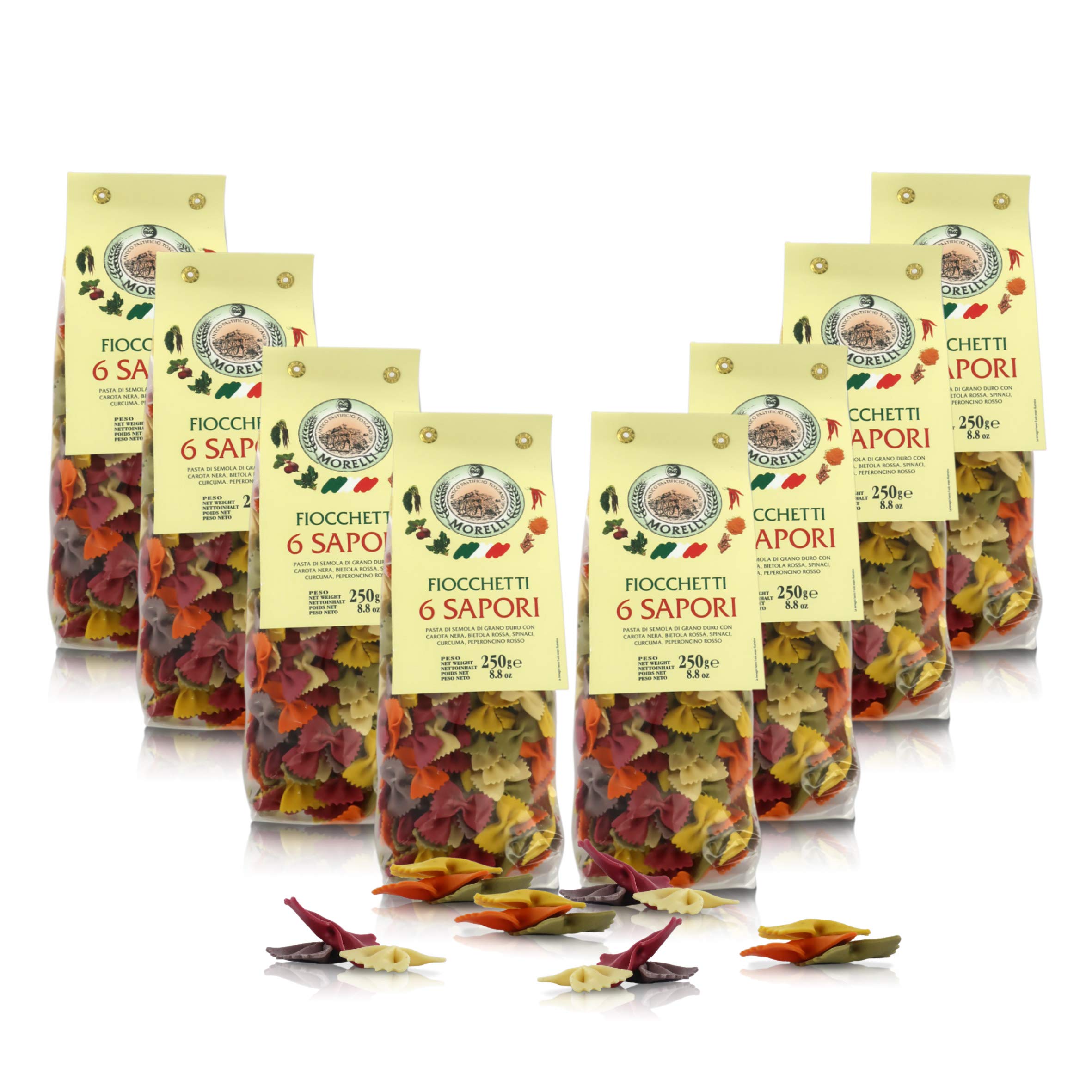 Antico Pastificio Morelli 1860 Srl Fiocchetti ai 6 Sapori, Pasta Colorata, Pasta Corta Italiana Colorazione Naturale, Pasta Multicolore, 8 Confezioni Da 250 Grammi