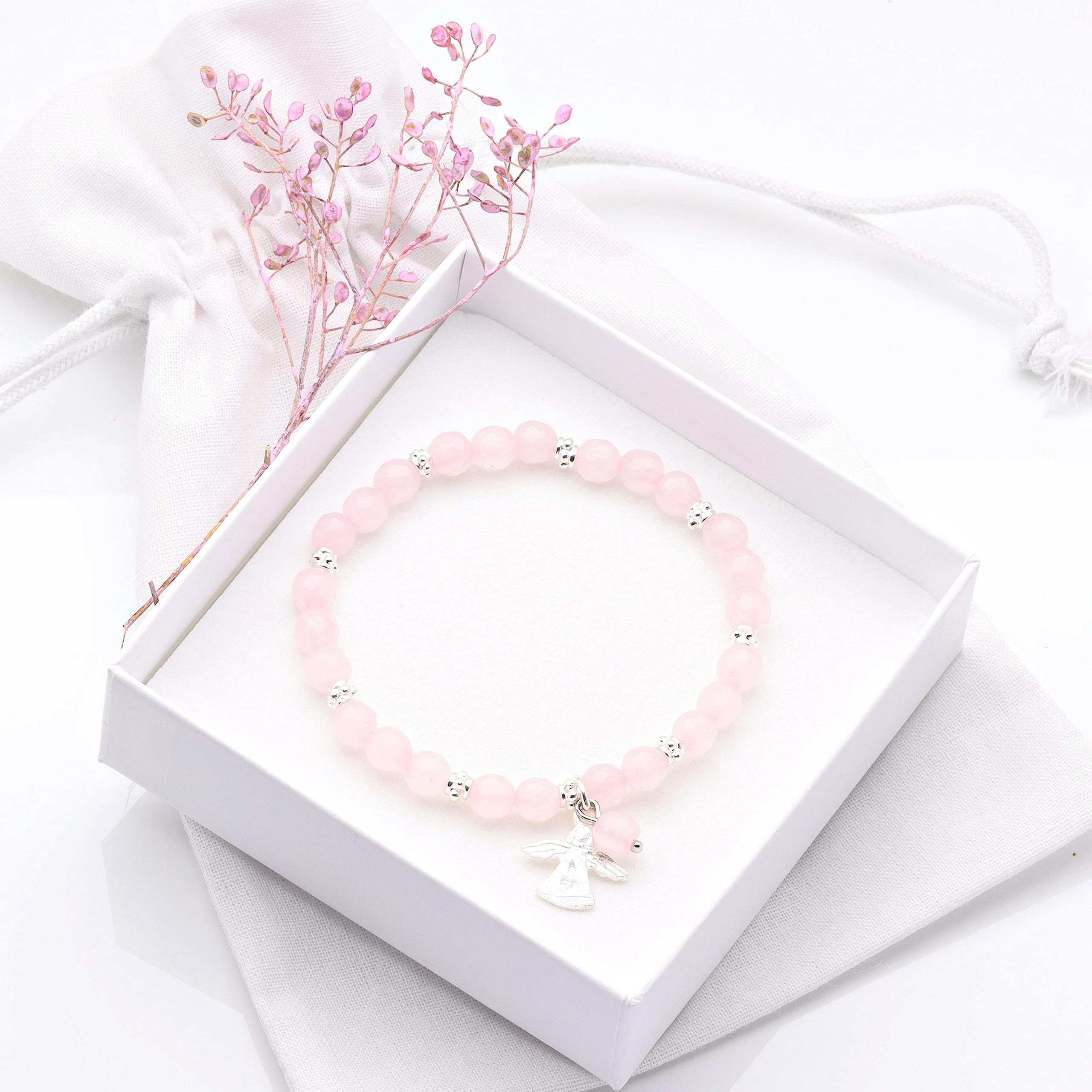 KARYSMA Rosenquarz-Armband Damen mit Schutzengel Silber für Mädchen zur Kommunion, Naturstein