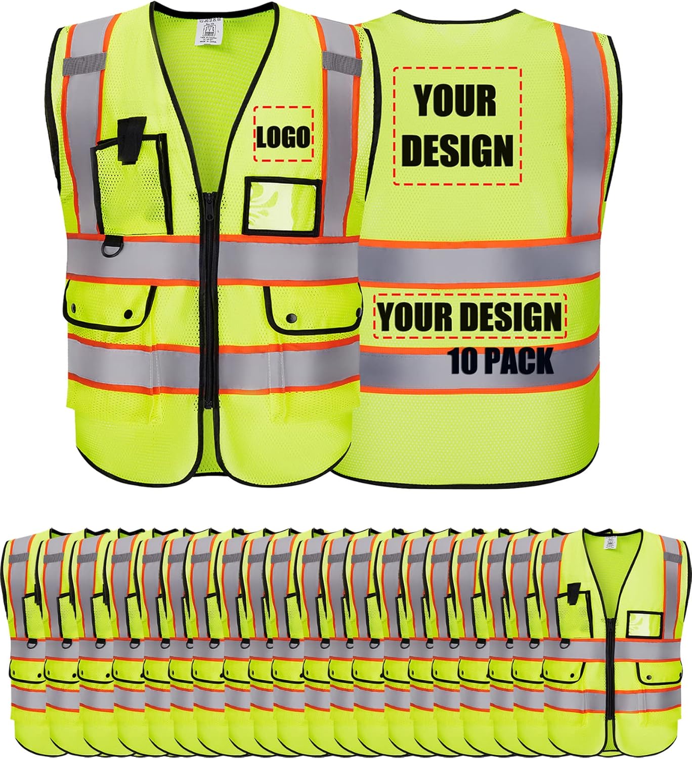 Custom Logo Safety Vest Customize Class 2 ANSI Standard Visibility Reflective Vests Bulk with Pockets and Zipper