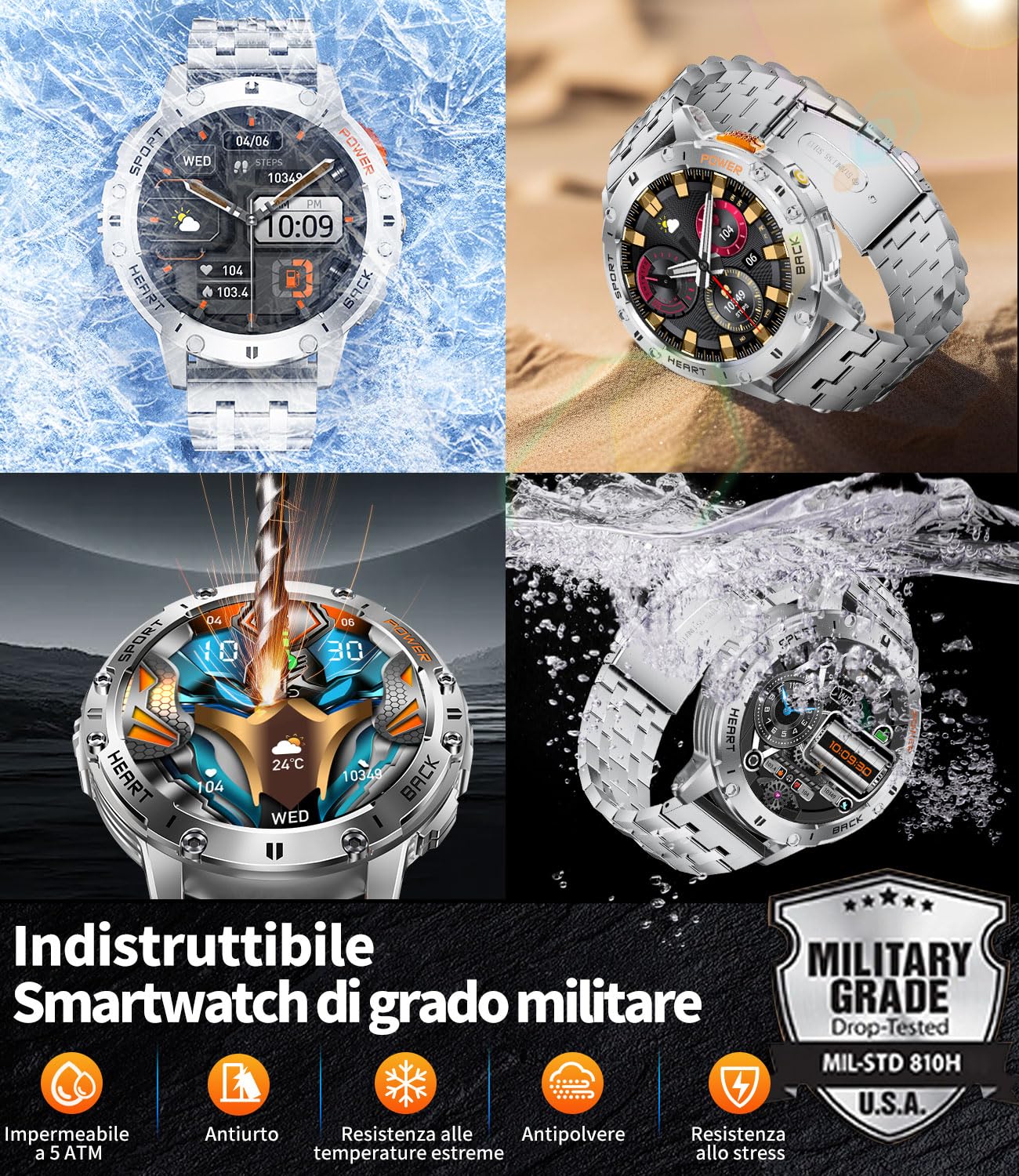 ESFOE Smartwatch Uomo Militare Impermeabile 5ATM con Torcia LED 1,43" AMOLED Display Rugged Smartwatch Orologio con Chiamate Bluetooth, 100+ Modalità, SpO2, Sonno, Notifiche WhatsApp per Android iOS