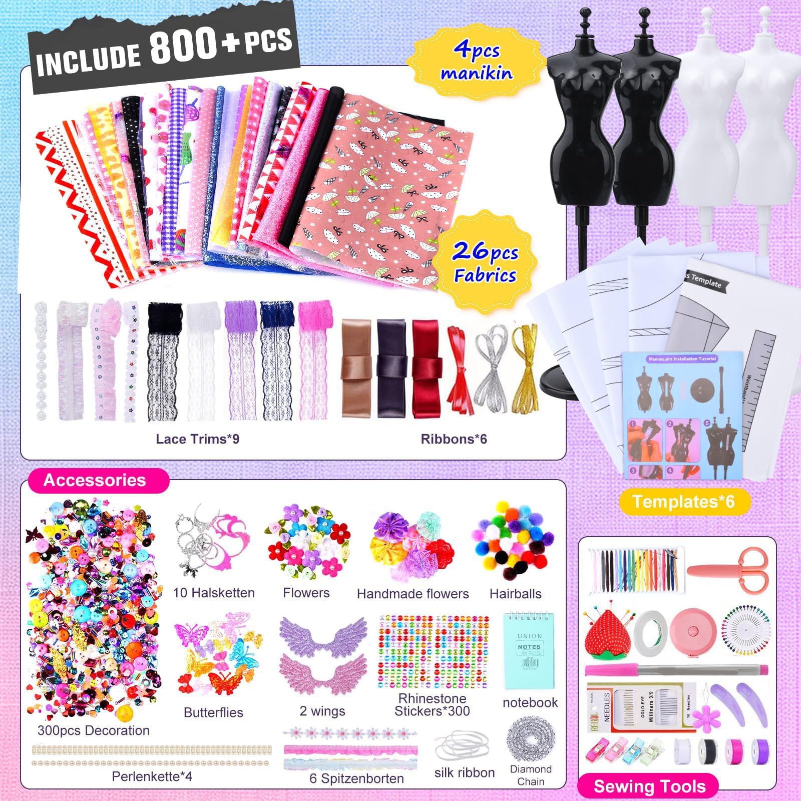 JOTOL Modedesign Mädchen Bastelset,1200+Stücke Bastelset Kinder Kreativität-DIY-Kunst-und Bastelset,Kreativität DIY Kunst Bastelset für Kinder Mädchen Fashion Designer,Geschenke Mädchen 6+Jahre