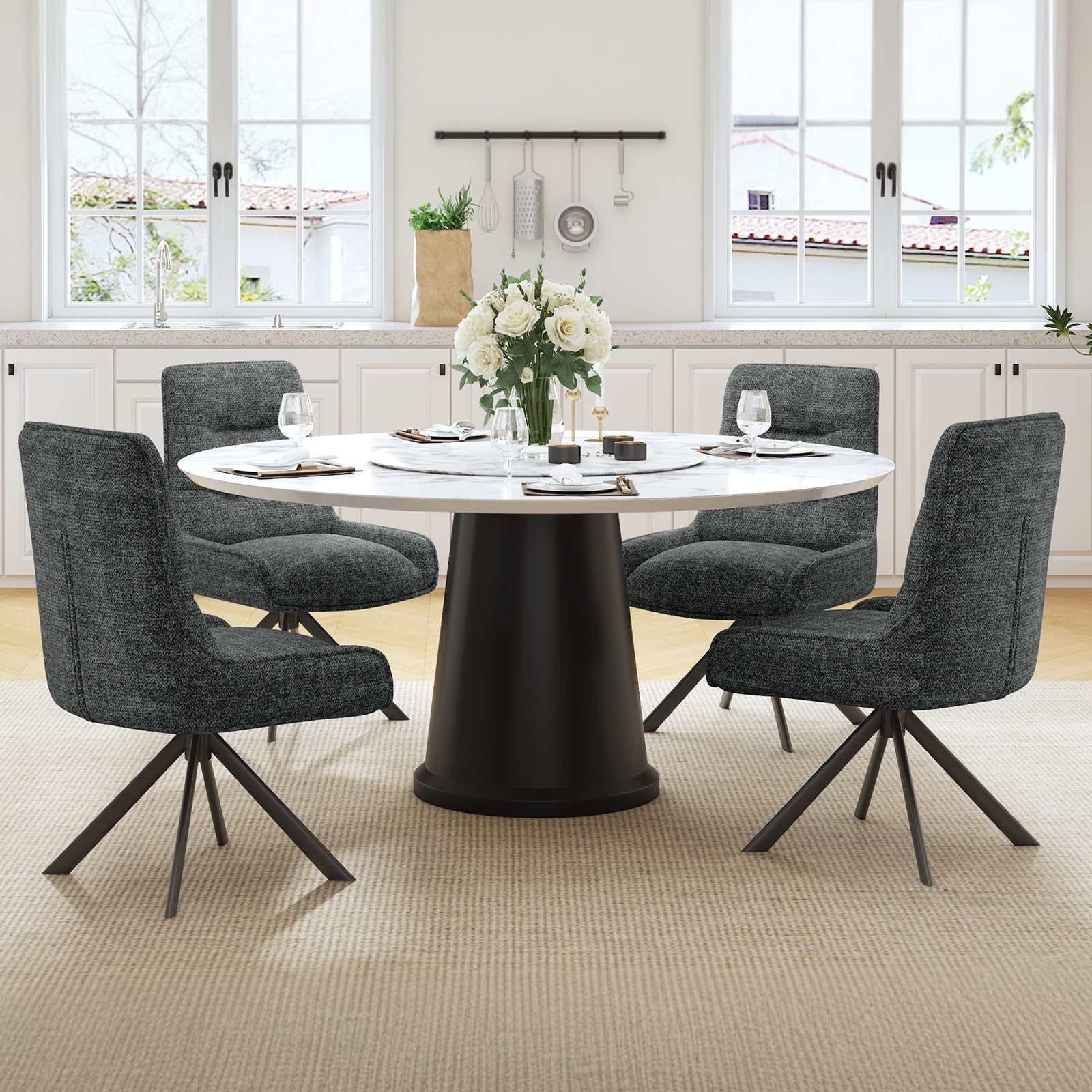 Drehstuhl Esszimmer, 4er Set 360° Drehbar Esszimmerstuhl, Küchenstuhl, Polsterstuhl aus Chenille, Schminkstuhl mit Hoher Rückenlehne und Metallbeine für Esszimmer Küche Büro, Dunkelgrau