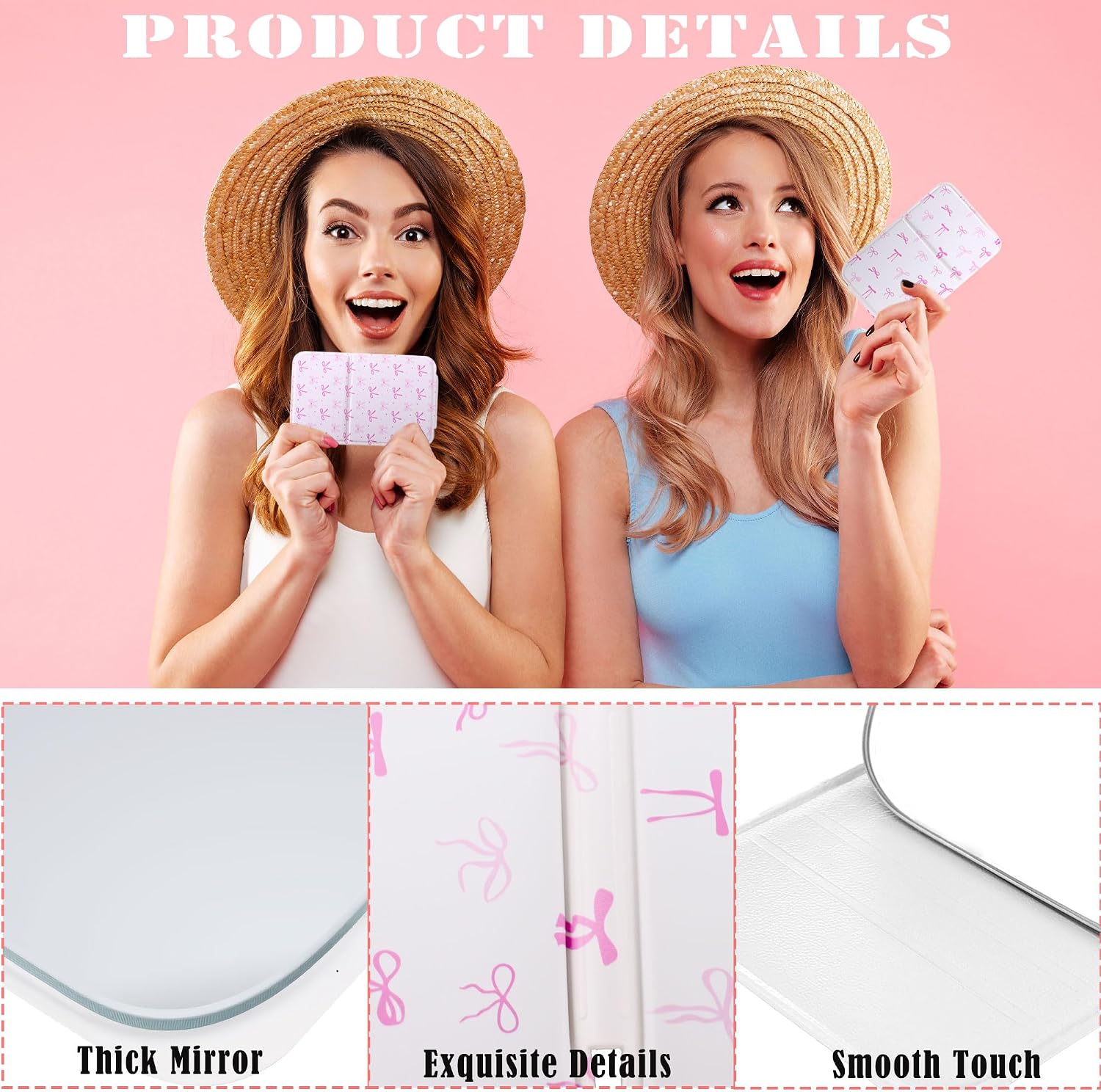 16 Pcs Pink Bow Compact 2.76 x 3.94 Inch Folding Mirrors Bulk Mini Travel Mirror Square Pocket Portable Handheld Mirrors for Women Girls Makeup Party Favors
