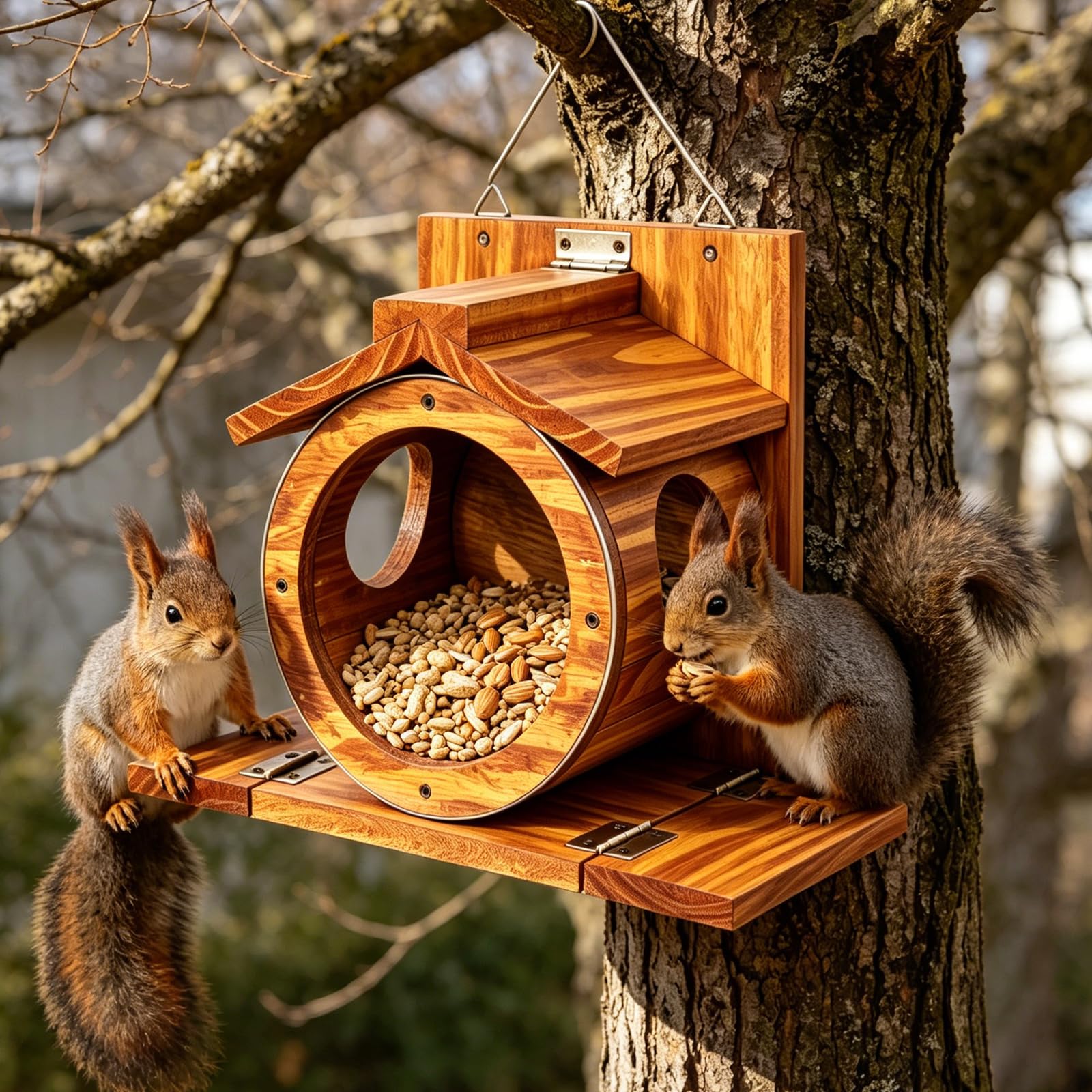 Eichhörnchen Futterhaus aus Holz, Wetterfest Eichhörnchen Haus mit Transparentem Fenster und 2.75" Grosser Oeffnung Wandmontage Robuste Futterstation für Garten Hinterhof Und Aussenbereich