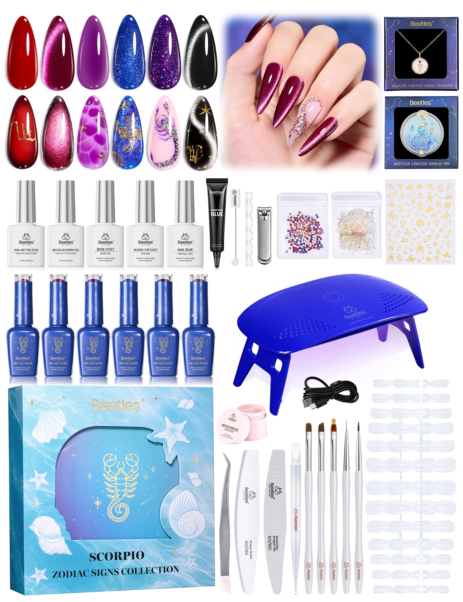 Beetles Midnight Vampire Lucky Box, Scorpio Zodiac Summer Gel Nail Polish Kit Black Purple Burgundy Red Colors, All-in-One Nail Art Set with Tools, Necklace Badge, Salon DIY Zodiac Gift for Women